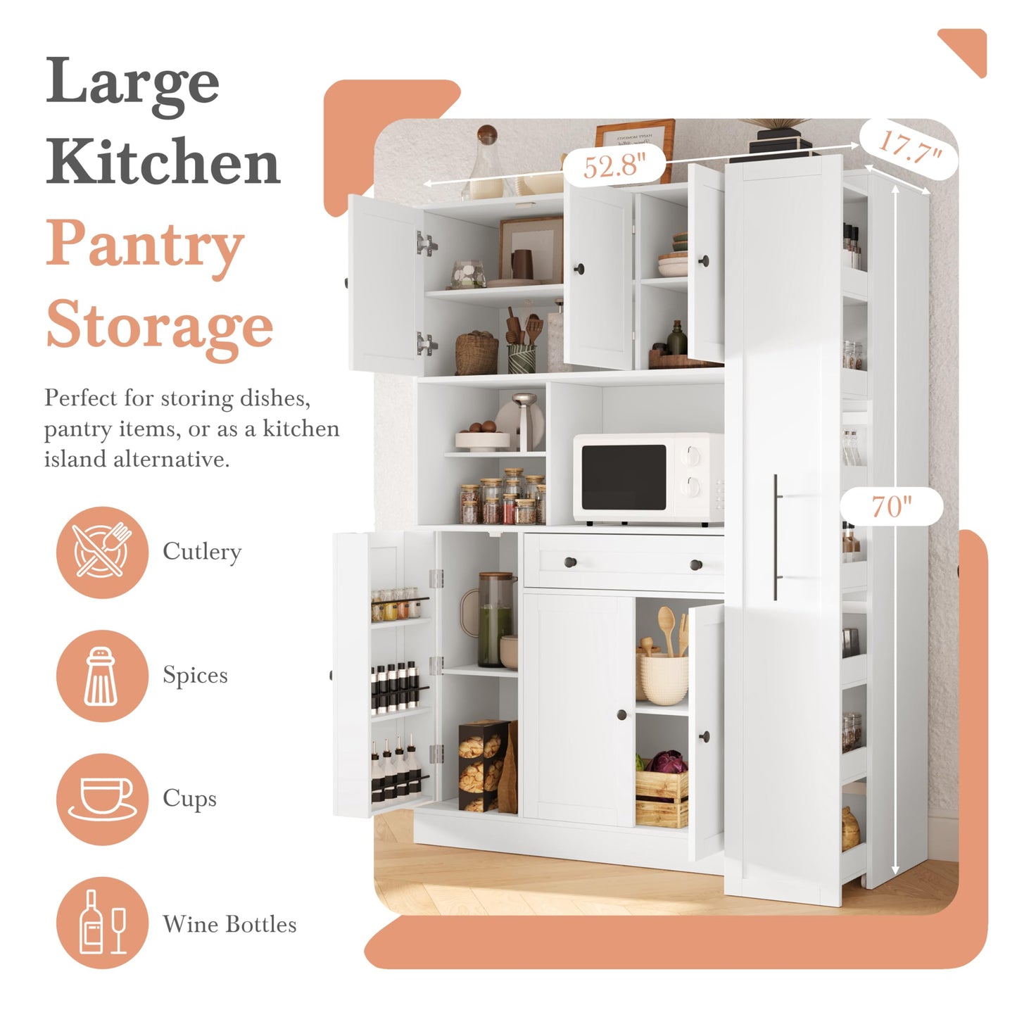 Merax 70'' Tall Traditional Freestanding Buffet with Hutch, Large Kitchen Pantry Storage Cabinet Cupboard with Pull-Out Side Cabinet, Door Shelves and Drawer, White