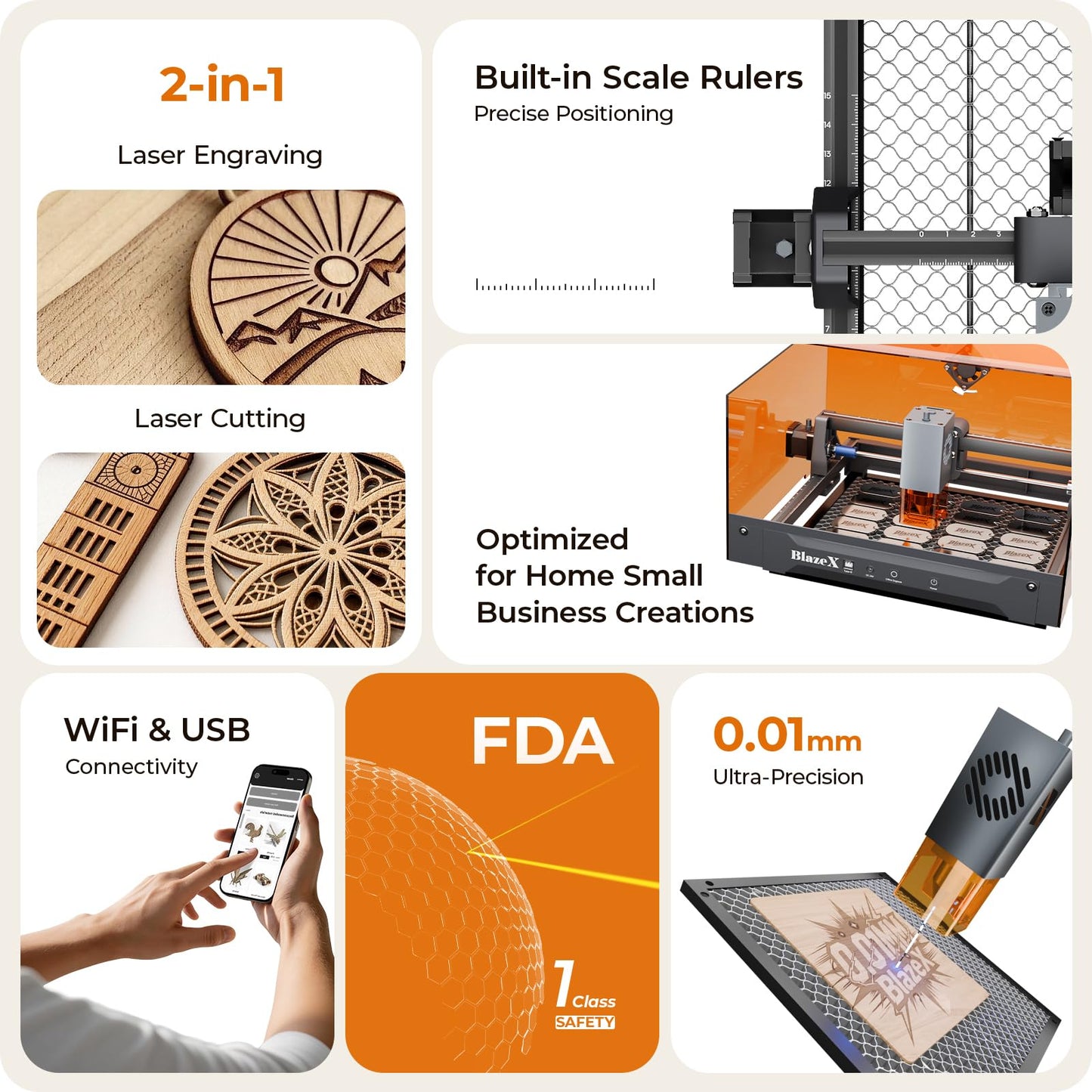 BlazeX M3 10W Laser Engraver Machine, 0.01mm Ultra-precision Laser Cutter and Engraver Machine for Wood Metal Glass Leather, Beginner-Friendly, with Enclosure Honeycomb Engraving Materials, Class 1