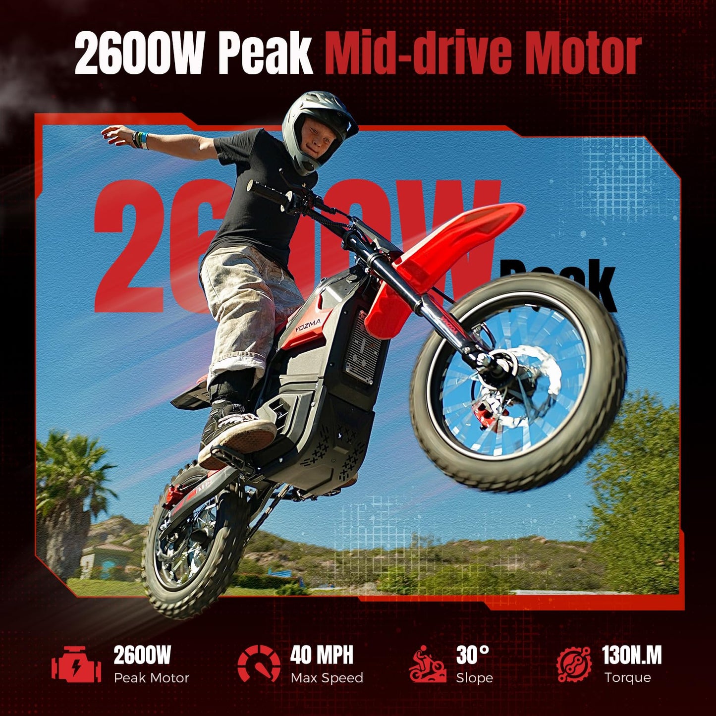 Yozma IN10 Electric Dirt Bike, 2600W 40MPH Electric-Motorcycle with 48V/23AH Battery Ebike, Full Hydraulic Brakes and Suspensions Mountain Off-Road E Dirt Bike, for Teens & Adults