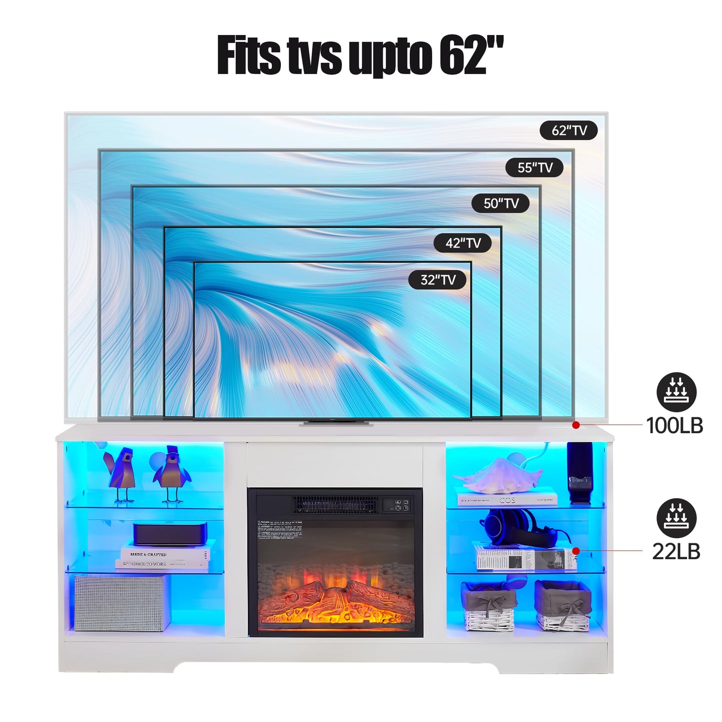 Ball & Cast Fireplace TV Stand with Led and Power Outlets, Entertainment Center with Electric Fireplace for 32"/42"/50"/55"/62" TVs, Modern TV Media Console with Glass Storage Shelves,White