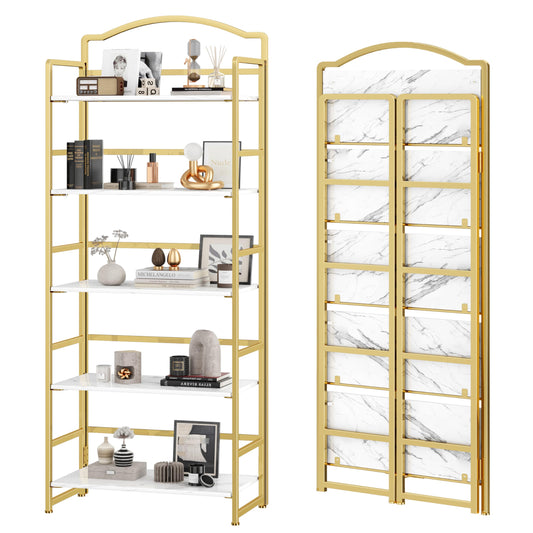 JSB 5 Tier No Assembly Folding Bookshelf, Arched Bookshelf, Foldable Bookcase for Living Room, Bedroom, Office,Skinny Bookshelf (White and Gold)