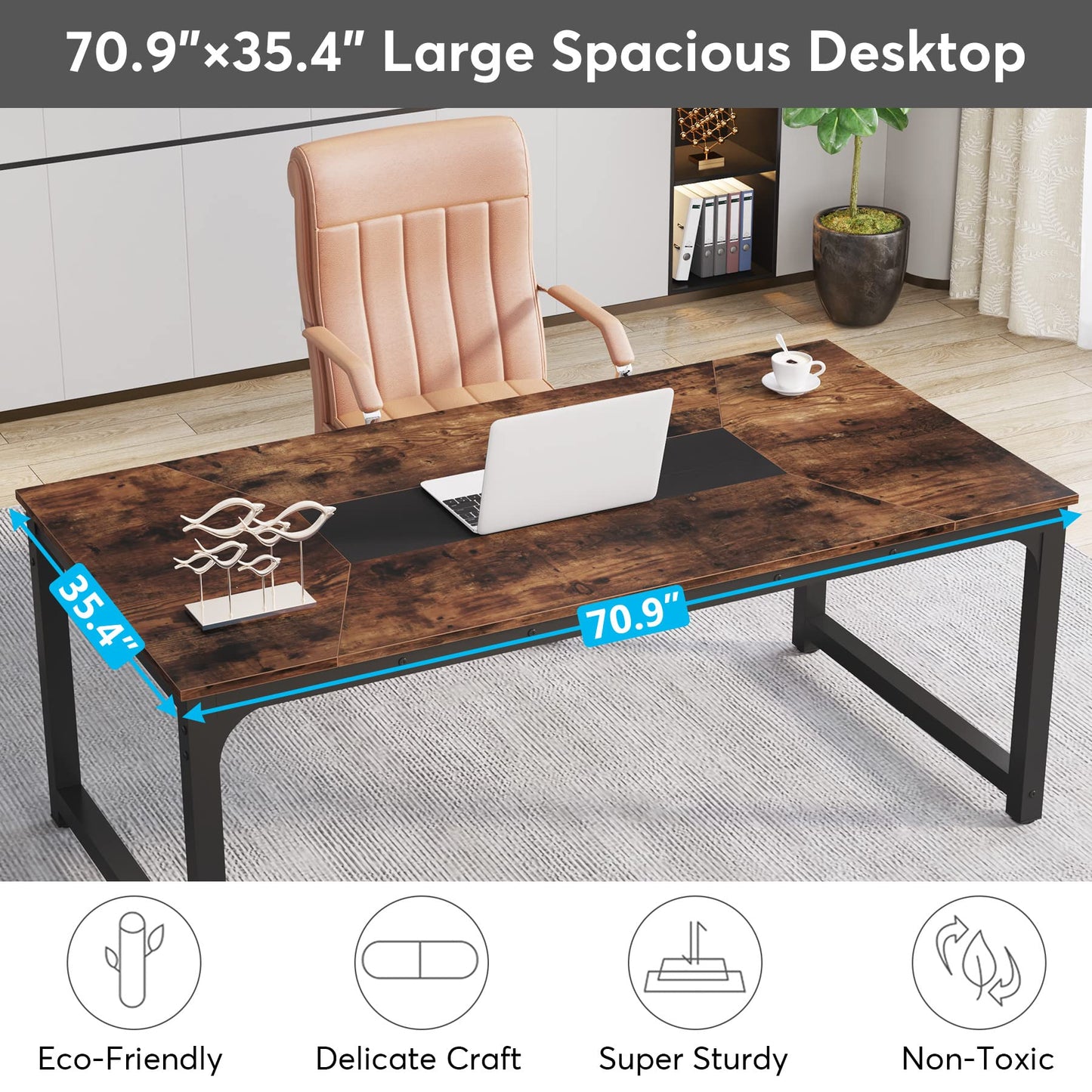 Tribesigns Modern Computer Desk, 70.8 x 35.4 inch Large Executive Office Desk Computer Table Study Writing Desk Workstation for Home Office,Rustic/Black