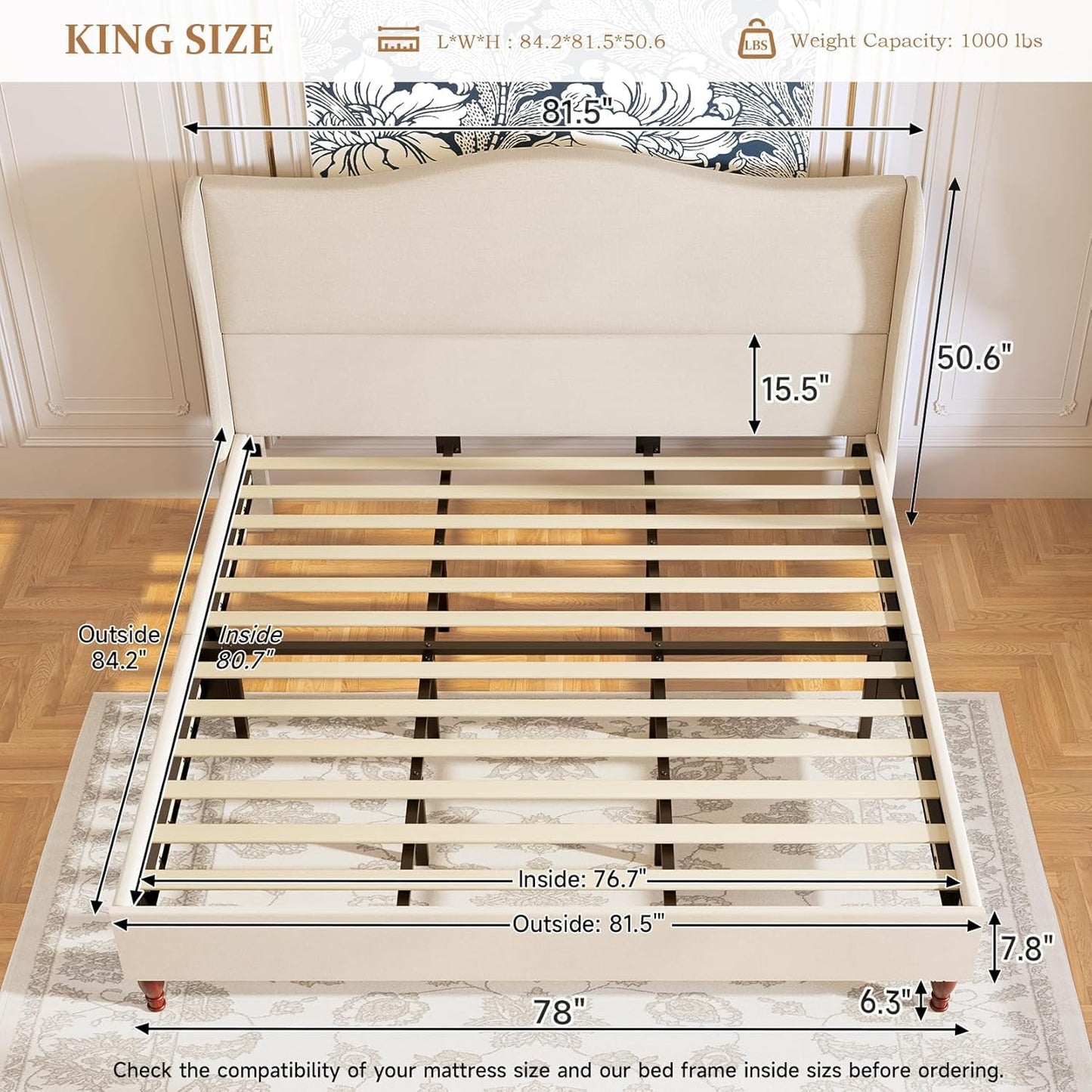 koorlian King Size Bed Frame Upholstered Platform Bed with 51" Tall Headboard Wingback, Soft Fabric, Retro Simple Style Platform Bed No Box Spring Needed, Easy Assembly, Beige