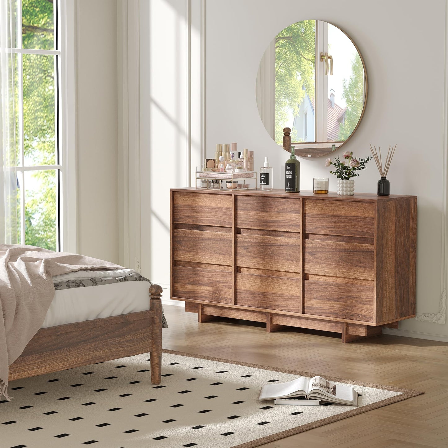 CHUWELL 59" Wide Dresser for Bedroom,Walnut Mid Century Modern Dressers with 9 Drawers, Adequate Capacity Storage,Closet Clothes Organizer for Bedroom