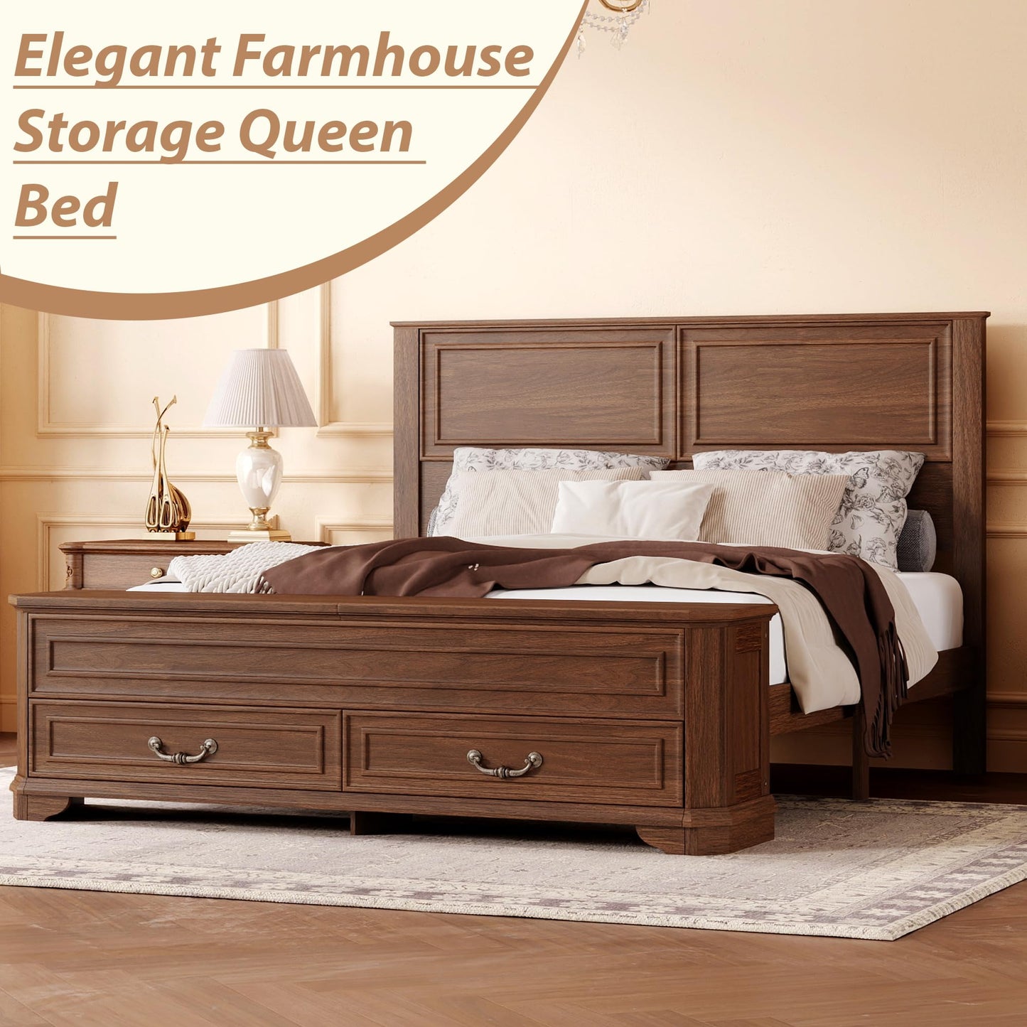 Ball & Cast Farmhouse Queen Size Bed Frame with Tall Headboard and Storage Bench,Wood Platform Bed Frame Queen Size with with Storage Footboard & 2 Large Storage Drawers, No Box Spring Needed,Walnut