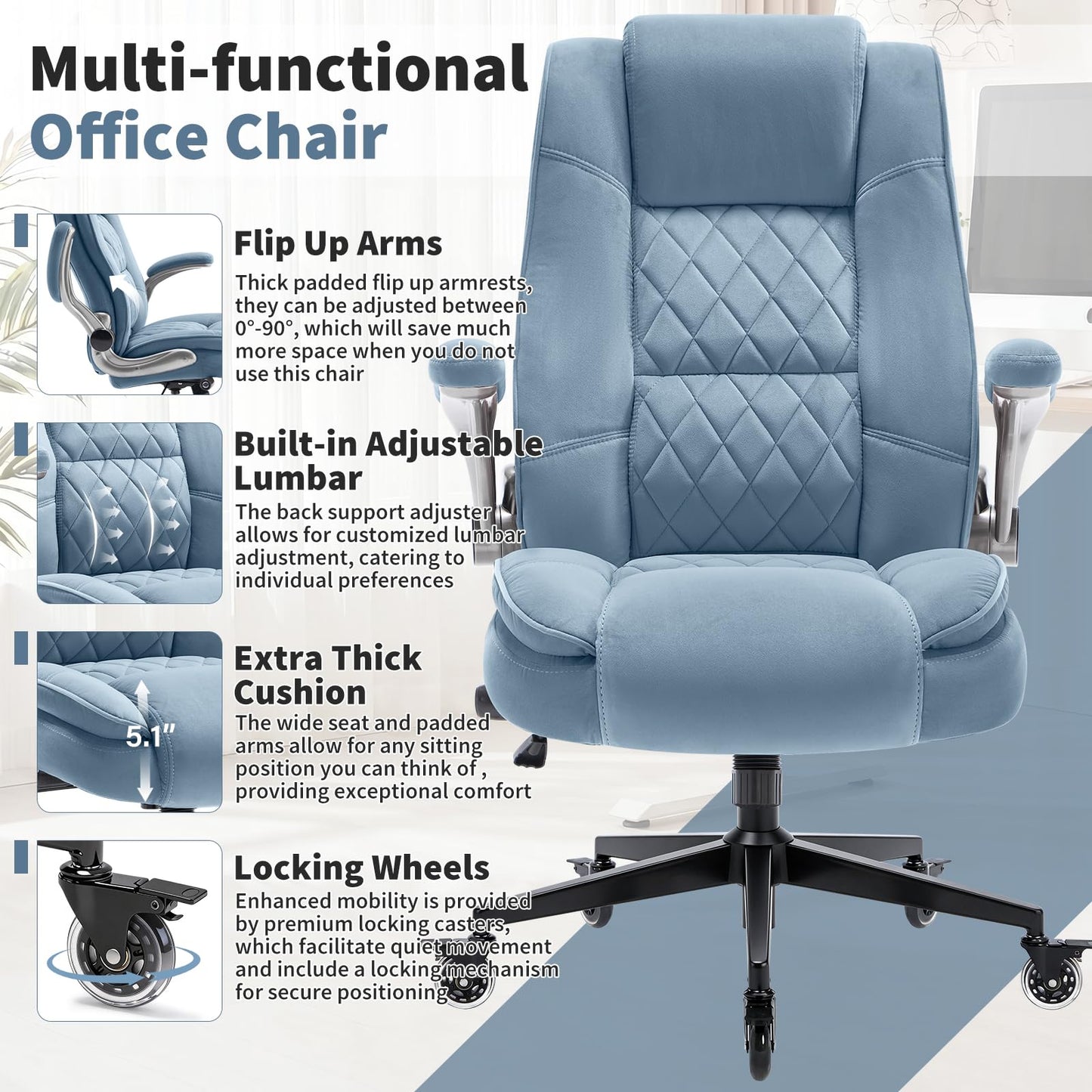 Fabric High Back Office Chair with Lockable Quiet Casters, Thick Padded Ergonomic Computer Chair- Adjustable Lumbar Support & Flip-Up Arms, Wide Executive Desk Chair for Back Pain, 400LBS Capacity