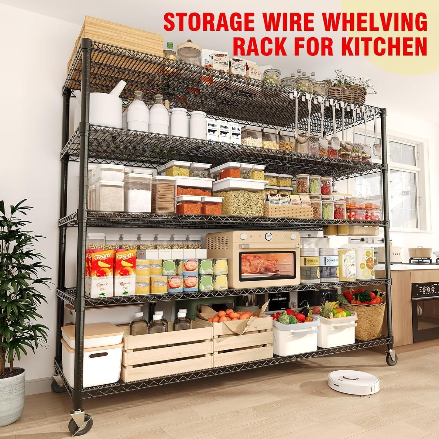 Garvee Storage Shelves, 5 Tier Metal Shelving Units with Wheels, 82" H x 59" W x 23.6" D, 3300 LBS Heavy Duty Wire Shelving Rolling Rack for Garage Kitchen Home Basement, Adjustable, Black