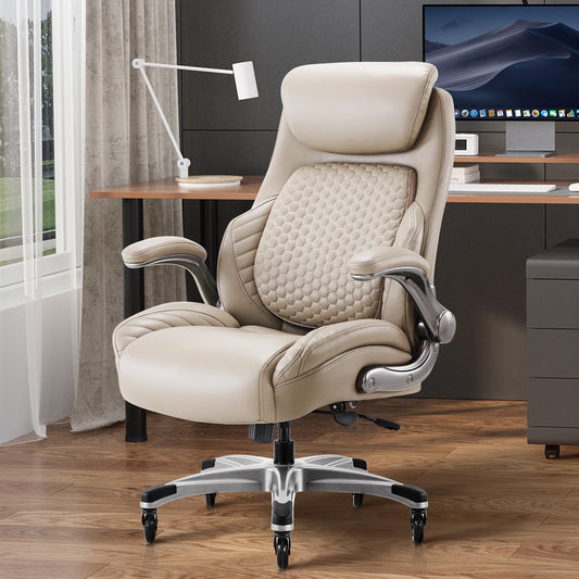 COLAMY Office Chair Ergonomic Desk High Back Executive Chair with Pop-Out Lumbar Support, Upgraded Casters, Adjustable Headrest, Flip-Up Arms, Leather Home with Thick Cushion for Comfort - Khaki