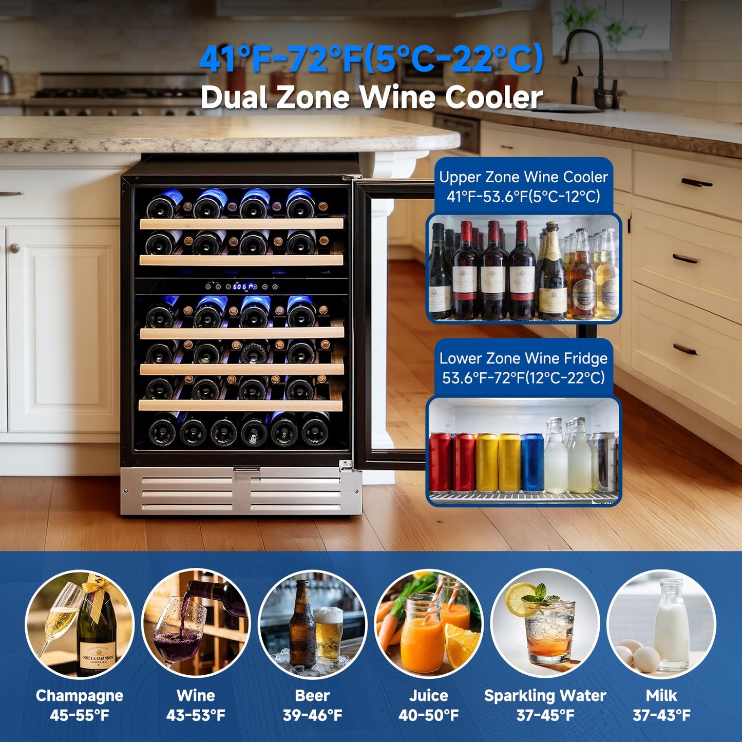 BODEGA COOLER 24 Inch Wine Cooler, 46 Bottle Wine Fridge Free standing, 41-72°F Wine Refrigerator Glass Door, Blue LED Wine Fridge, Built-in or Freestanding Fridge for Home/Bar/Kitchen (5.3 cu.ft)