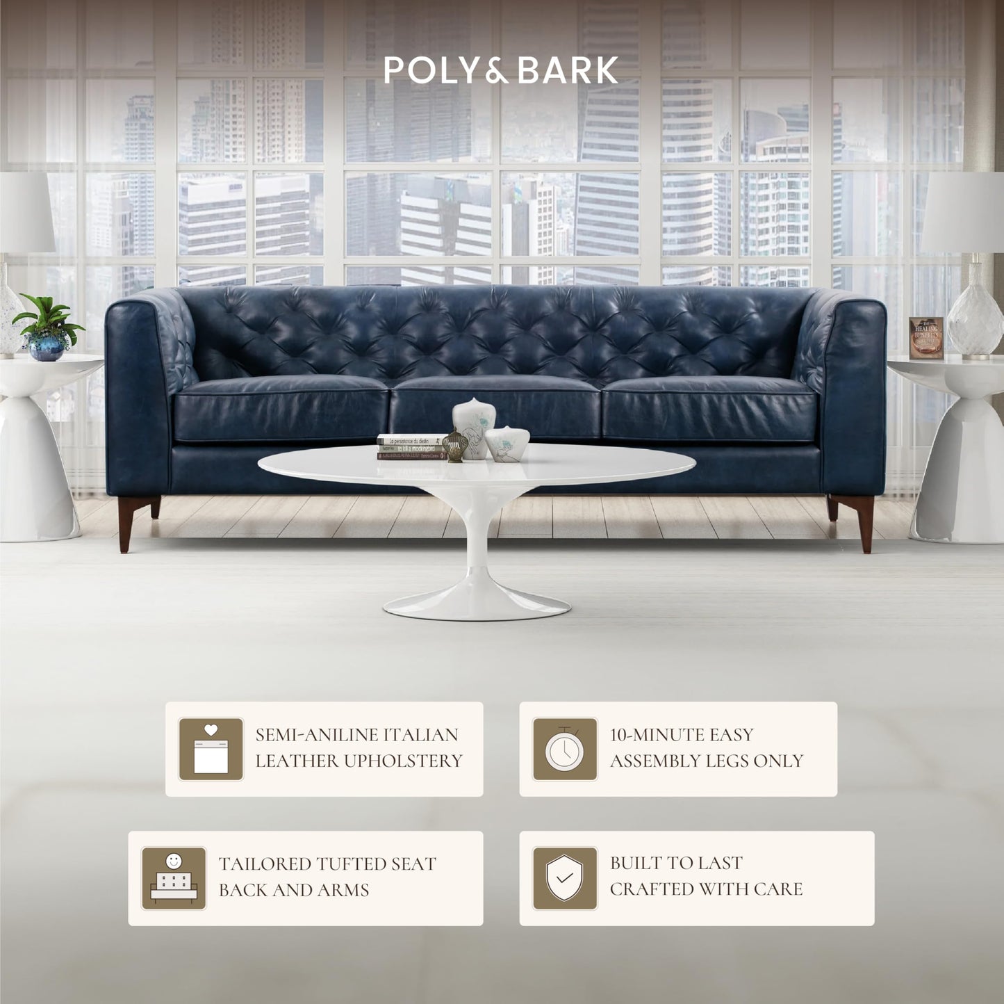 POLY & BARK Essex 89” Full-Grain Italian Leather Sofa – Tufted Back, Feather-Down Comfort, Solid Wood Frame, Midnight Blue