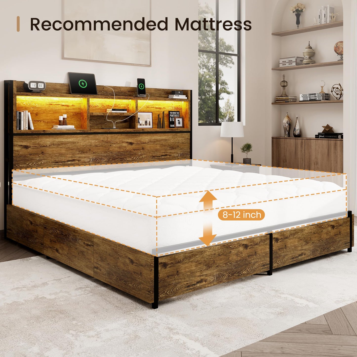 BRELTAM King Storage Bed Frame with 6 Drawers, USB Charging Station, No Noise, No Box Spring Required, Vintage Brown Headboard Platform Bed