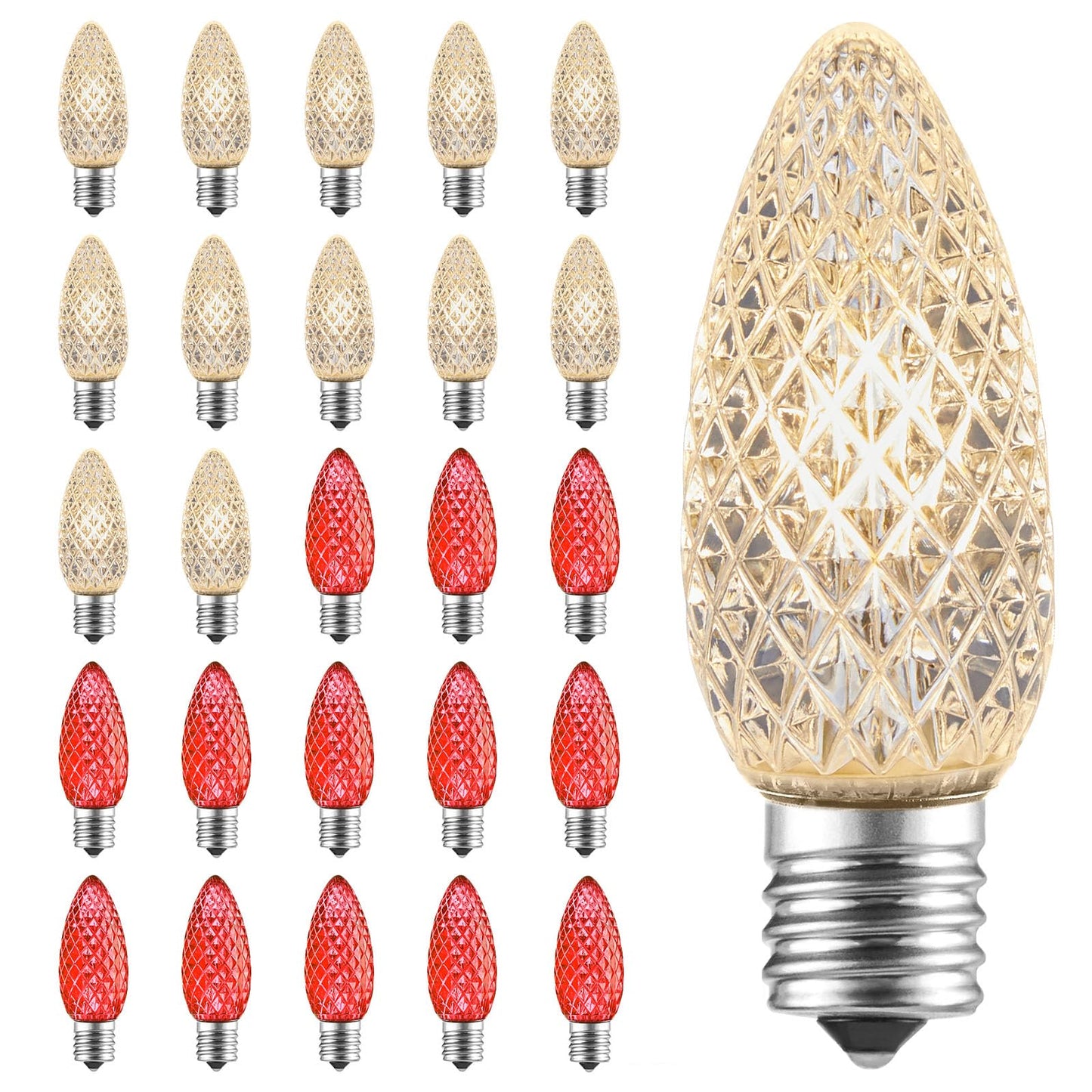 Minetom LED C9 Christmas Light Bulbs, 25 Pack, Red and Warm White, Dimmable, Fits C9/E17 Base, Commercial Grade