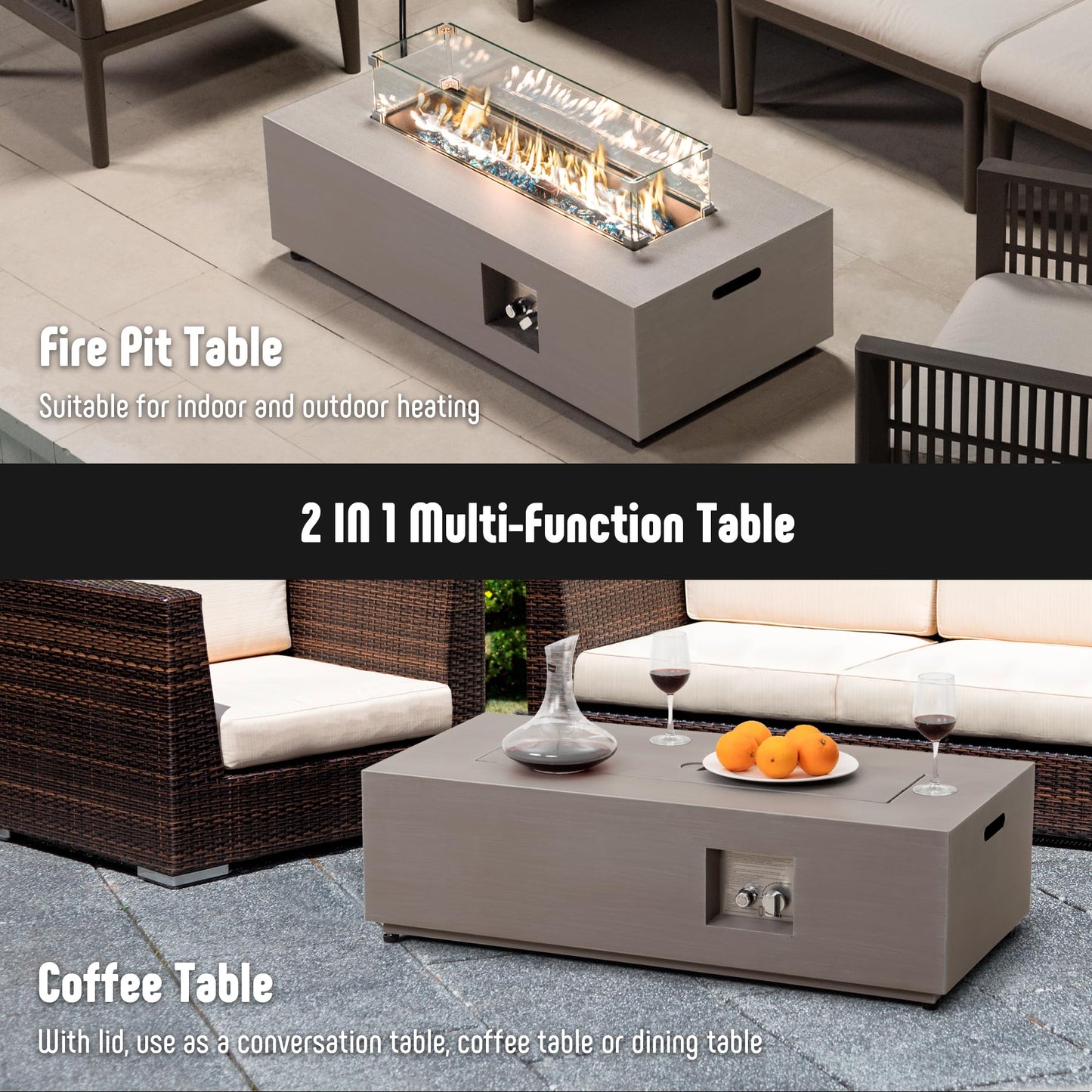 Werph 42’’ Propane Fire Pit Table Set with Tank Holder, CSA Certifed 50,000 BTU Outdoor Firepit Table, Wind Guard & Glass Stones, Smoke-Free Rectangular Fire Table for Garden Porch Backyard