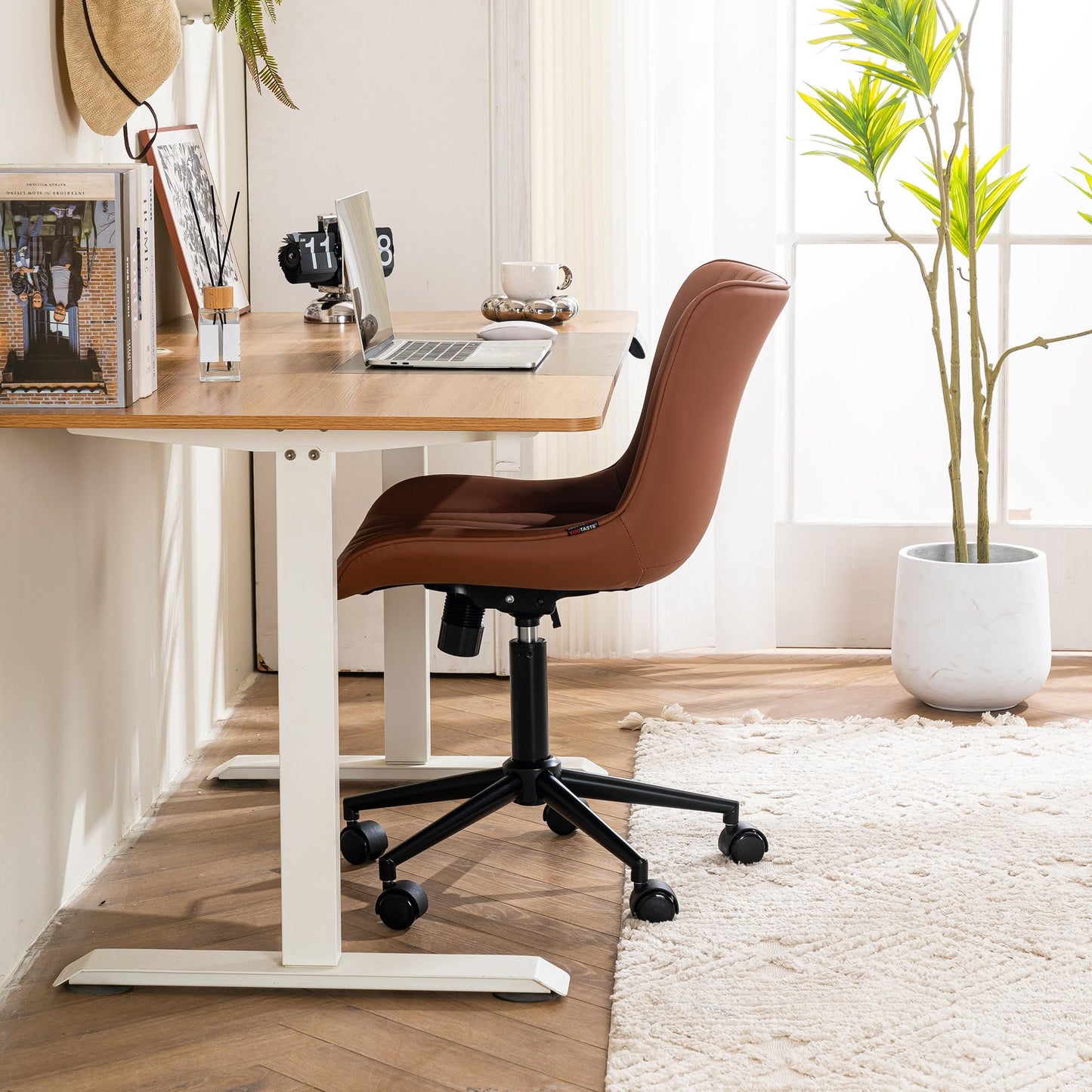 YOUTASTE Coffee Brown Office Chair Modern Armless Desk Chair with Wheels Adjustable Swivel Rocking Rolling Computer Study Chairs Faux Leather Sewing Chairs with Back Stylish Vanity Chair