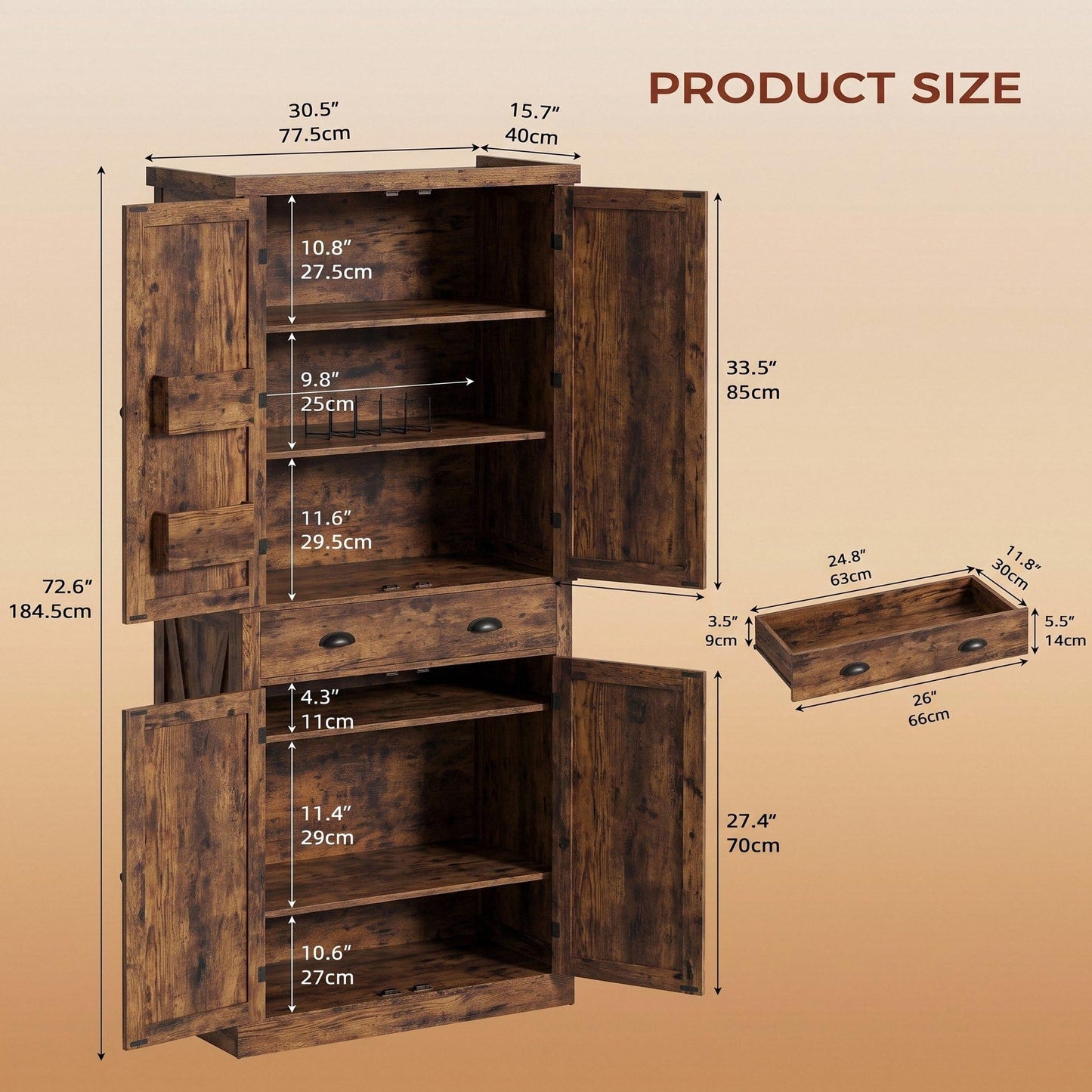 IRONCK 72.6" H Farmhouse Kitchen Pantry with Drawer, Vintage Brown