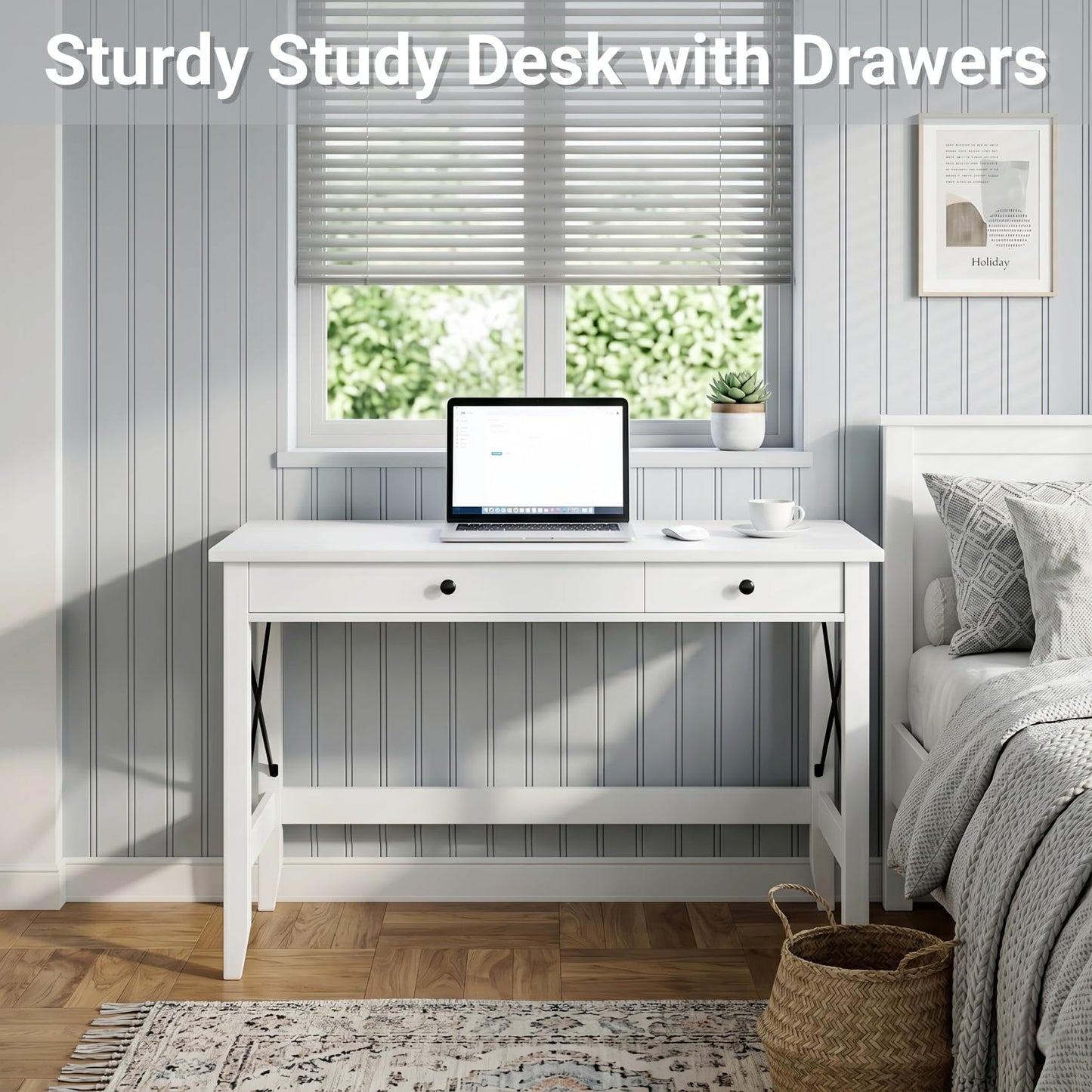 JSB 43.3'' White Computer Desk for Home Office,Farmhouse Executive Desk with 2 File Drawers,Study Writing Table Storage Cabinet,Makeup Vanity Desk for Bedroom (White, 43.3in)