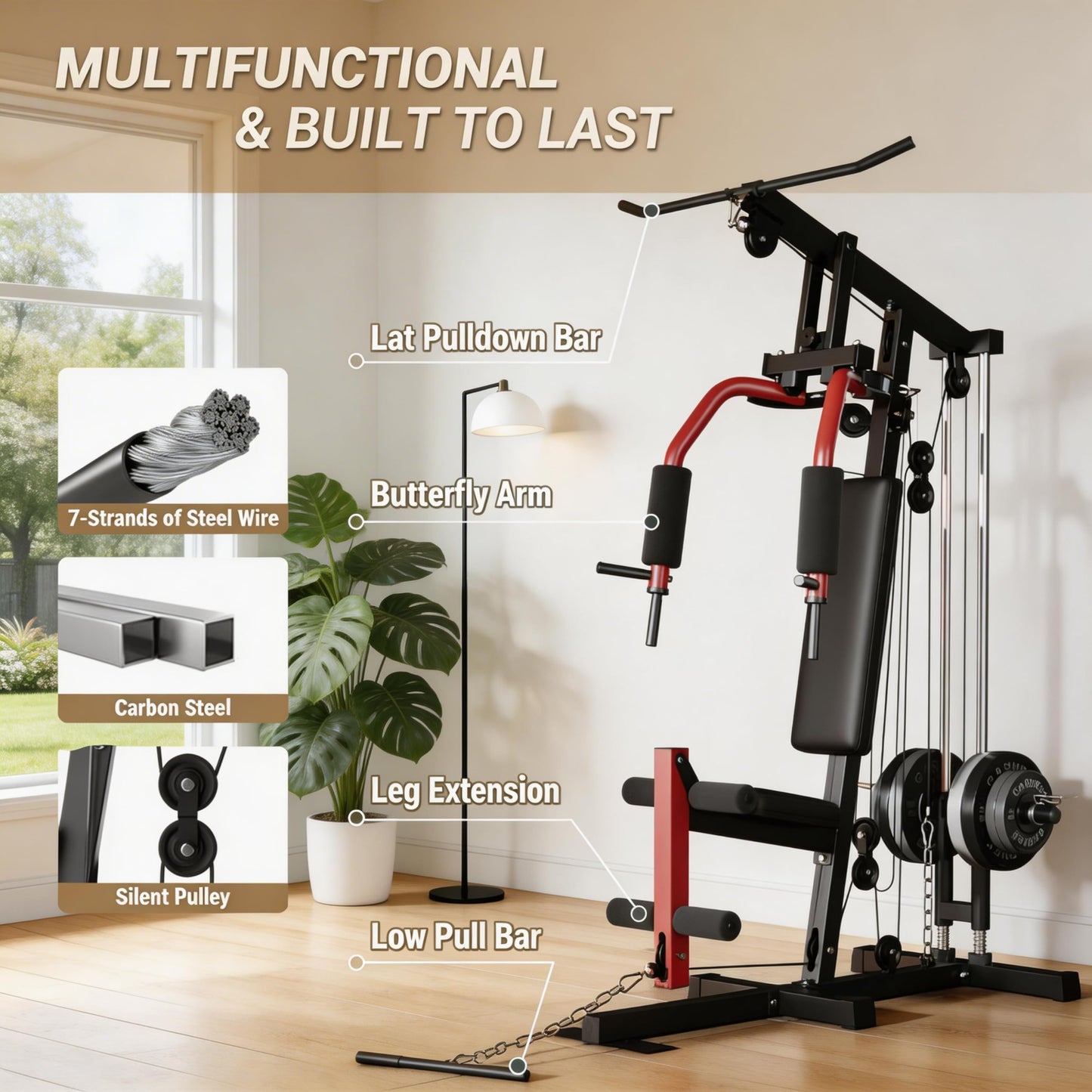 Full Body Workout Machine - 5-in-1 Home Gym Equipment with LAT Pulldown, Chest Press, Leg Extension & Seated Row, 300LB Capacity Strength Training Station, Fits 1” & 2” Weight Plates (Not Included)