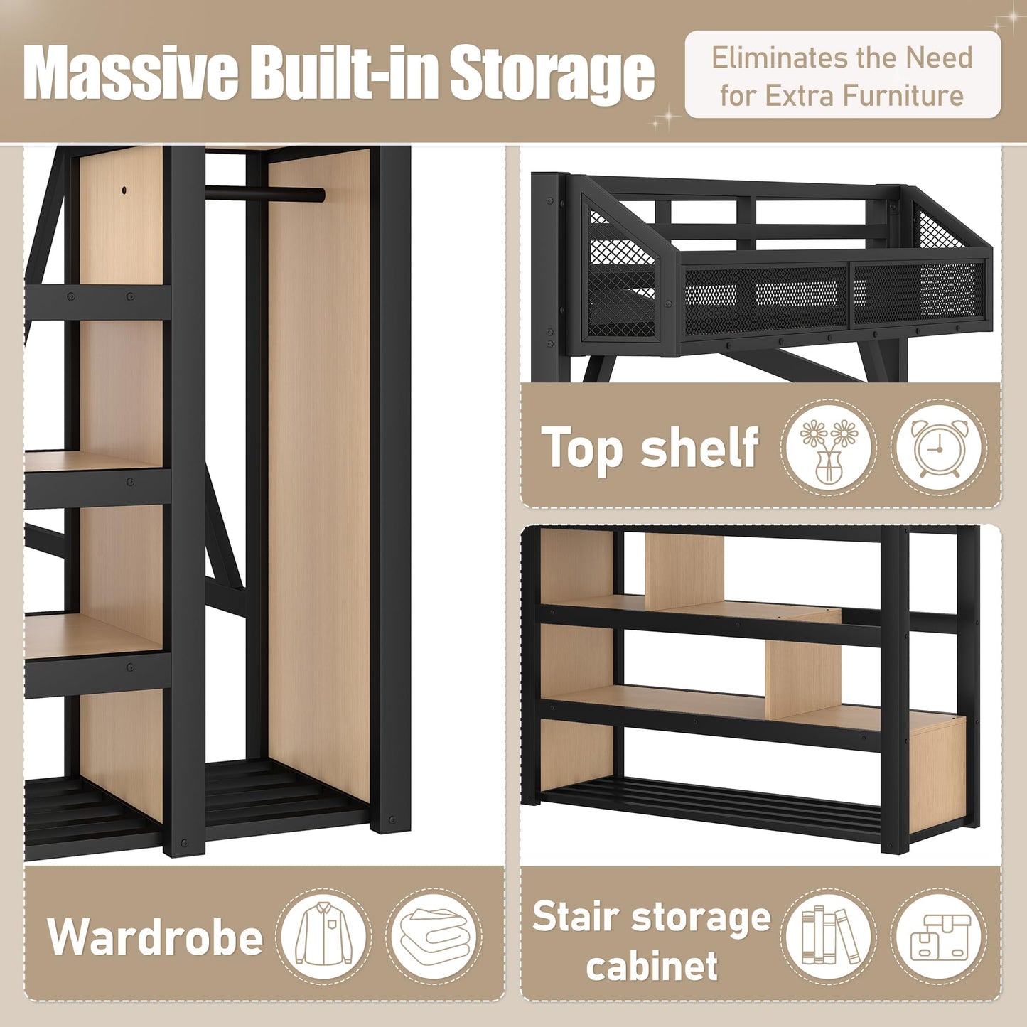 Bellemave Twin XL Loft Bed Frame with Storage Stairs, Beside Shelf & Wardrobe, Metal Loft Bed Twin XL with USB Ports & LED Light, Large Under-Bed Space Loft Beds for Adults, Teens, Kids, Black Natural