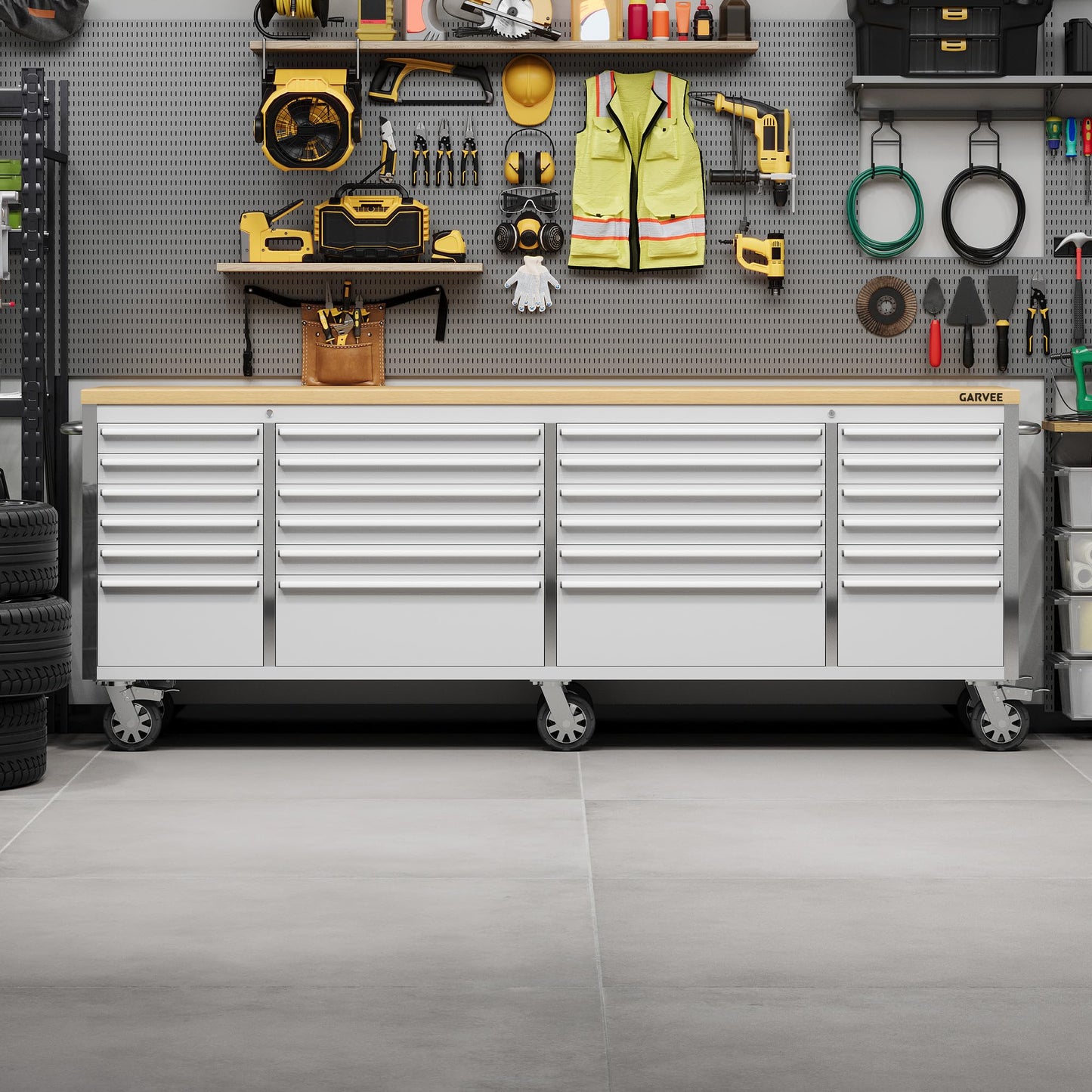 Garvee 96-Inch Heavy-Duty Rolling Tool Chest & Mobile Workbench with 24 Drawers, Rubber Wood Tabletop, Key Locking System, Drawer Liners and Wheels, Steel Storage Cabinet for Garage, Workshop