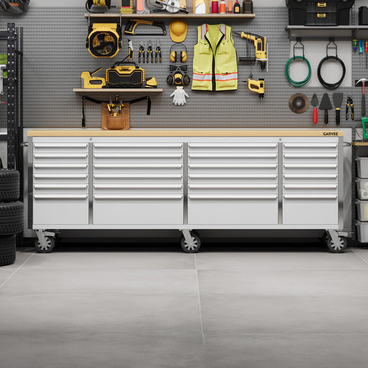 Garvee 96-Inch Heavy-Duty Rolling Tool Chest & Mobile Workbench with 24 Drawers, Rubber Wood Tabletop, Key Locking System, Drawer Liners and Wheels, Steel Storage Cabinet for Garage, Workshop