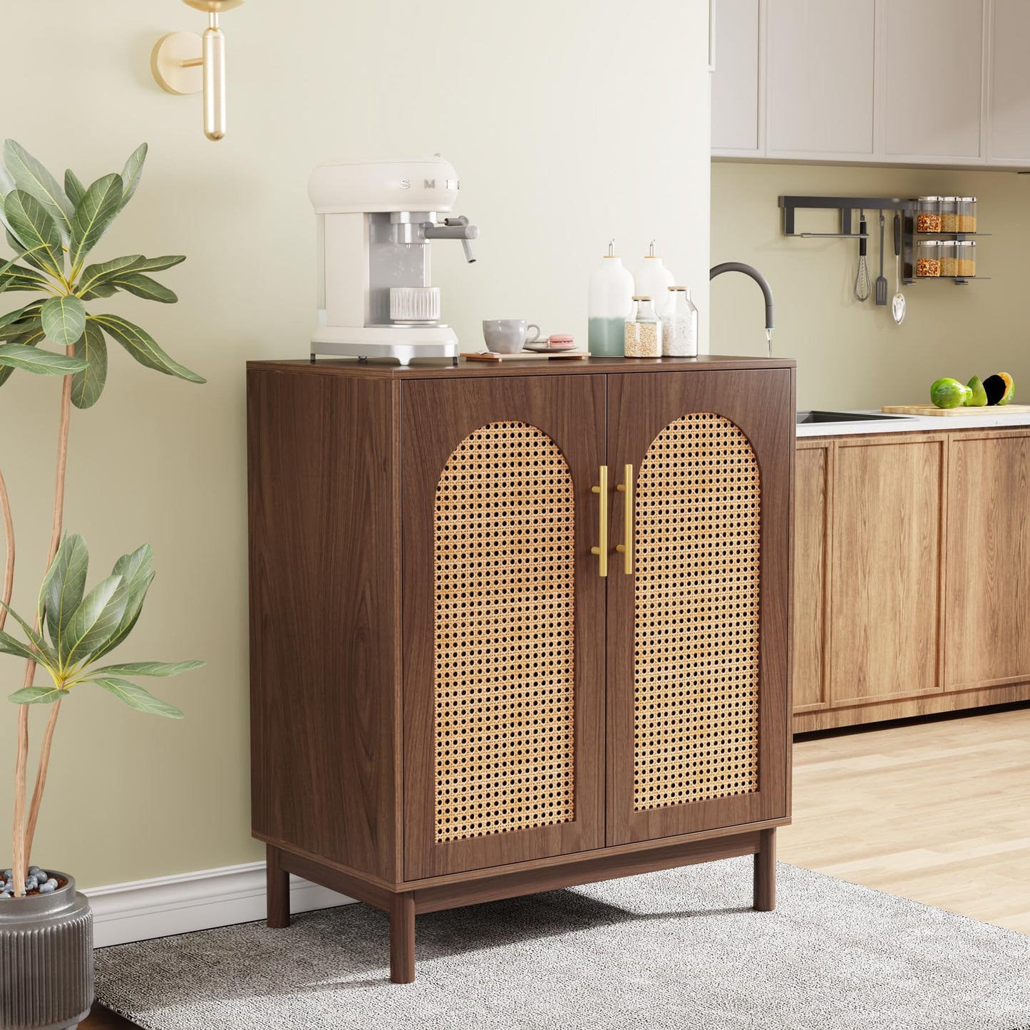 Tribesigns Set of 2 Rattan Sideboard Buffet Cabinet with Storage, 59 Inch Accent Cabinet for Dining Room, Living Room, Kitchen, Rattan and Dark Brown