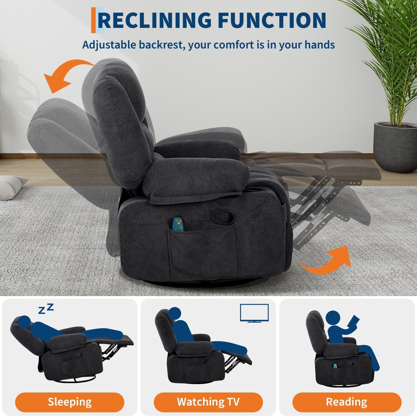Oversized Wide Recliner Chair with Vibration Massage and Heat, 360° Swivel Recliner Glider for Adults,Chenille Fabric Manual Reclining Single Sofa with Cup Holders & Side Pockets for Living Room,Black