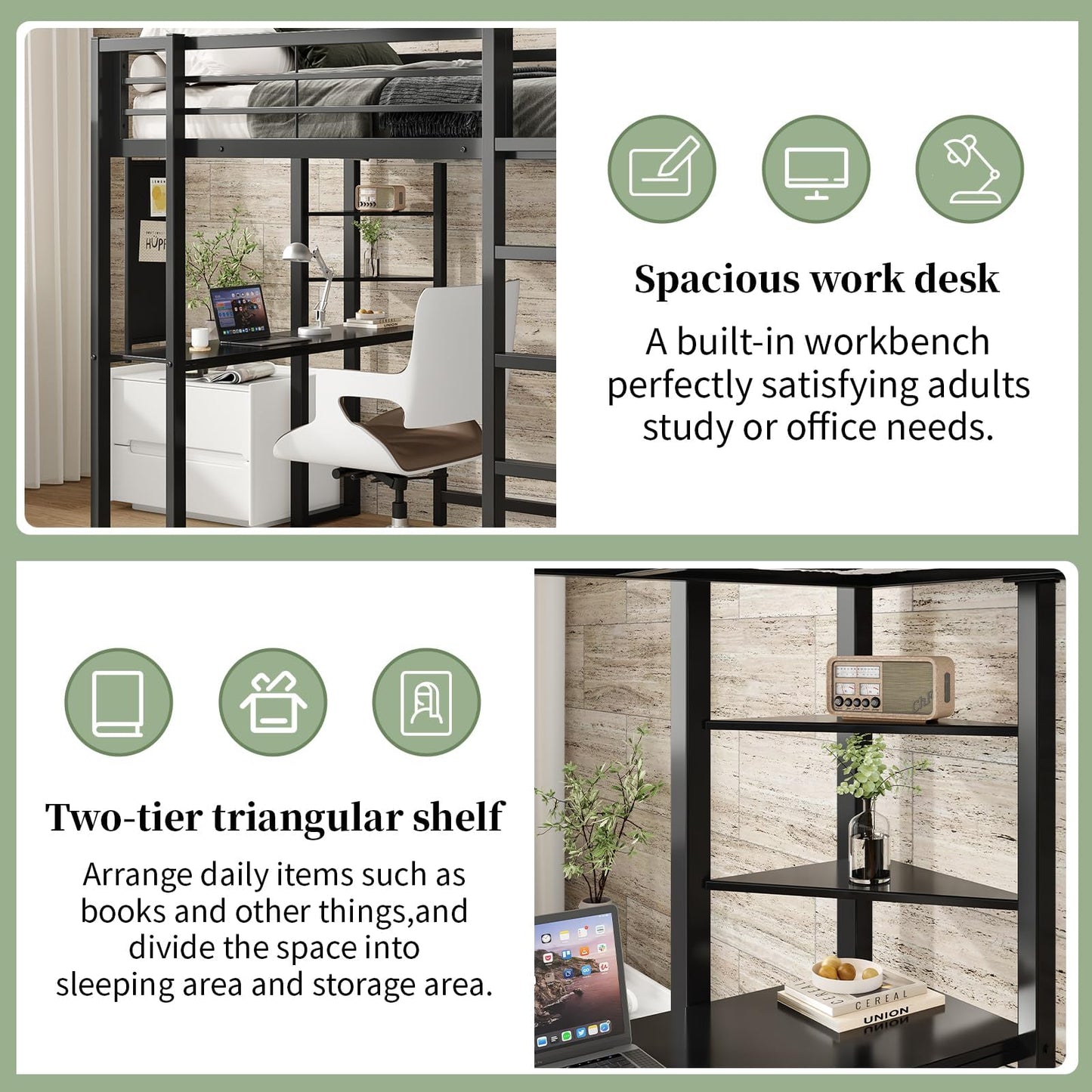 Sailret Full Metal Loft Bed with Desk, Pegboard and Display Shelves, Space-Saving Frame with Ladder and Full-Length Guardrails, Space-Saving Bed for Bedroom, Black (Mattress Not Included)