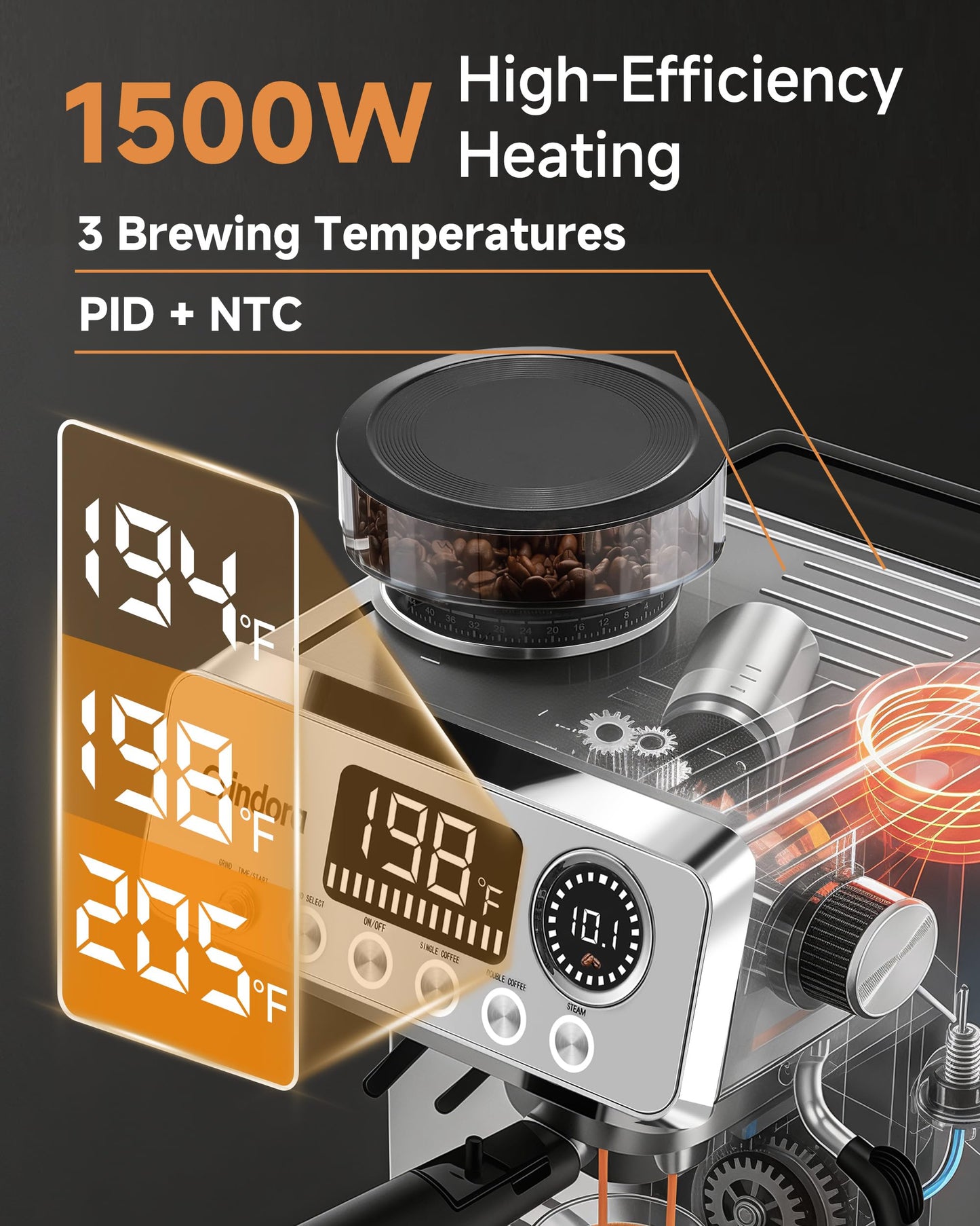 Espresso Machine with Grinder, 20 Bar Stainless Steel Espresso Coffee Machine, 44 Grind Settings, 0.1s Precision Timer, PID Control, Milk Frother for Latte, Cappuccino, Americano & Cold Brew