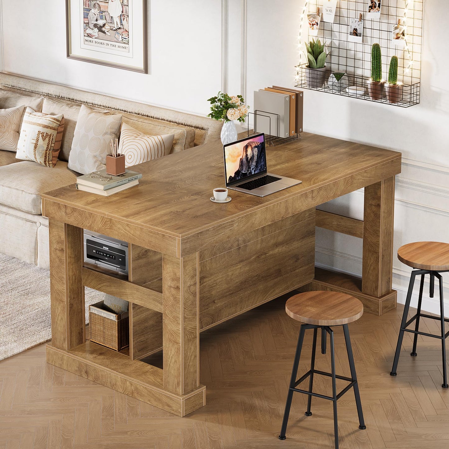 Tribesigns 55" Kitchen Island with Seating and Storage, 3-Tier Farmhouse Wood Stationary Island Table with Large Worktop & Leg Room, Coffee Bar Table with Storage Shelves for Kitchen, Natural Brown