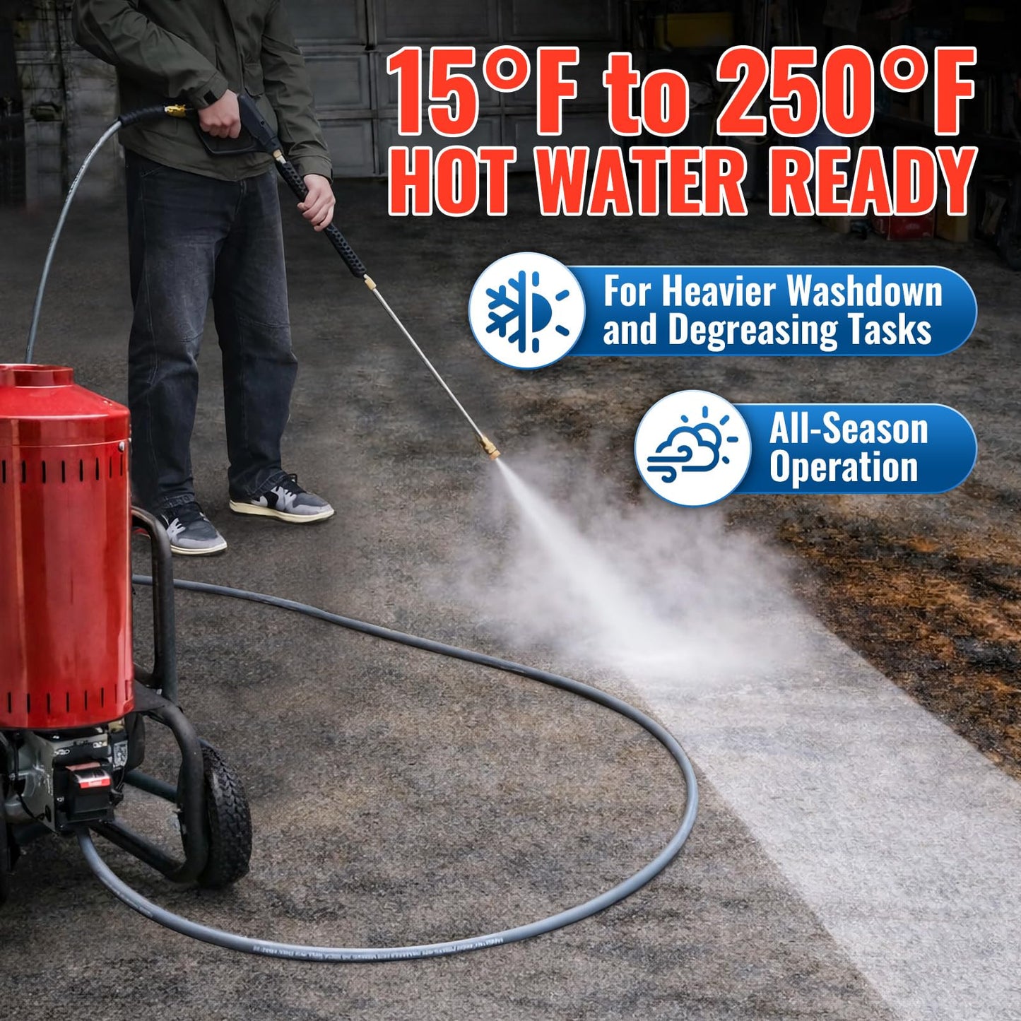 YAMATIC 3/8" Pressure Washer Hose 125 FT, 4200 PSI Working 13000 PSI Burst, 3/8" Swivel Quick Connects, 15°F to 250°F Hot & Cold Water Rubber Hose, Non-Marking Gray Jacket, M22 14mm Adapters Included