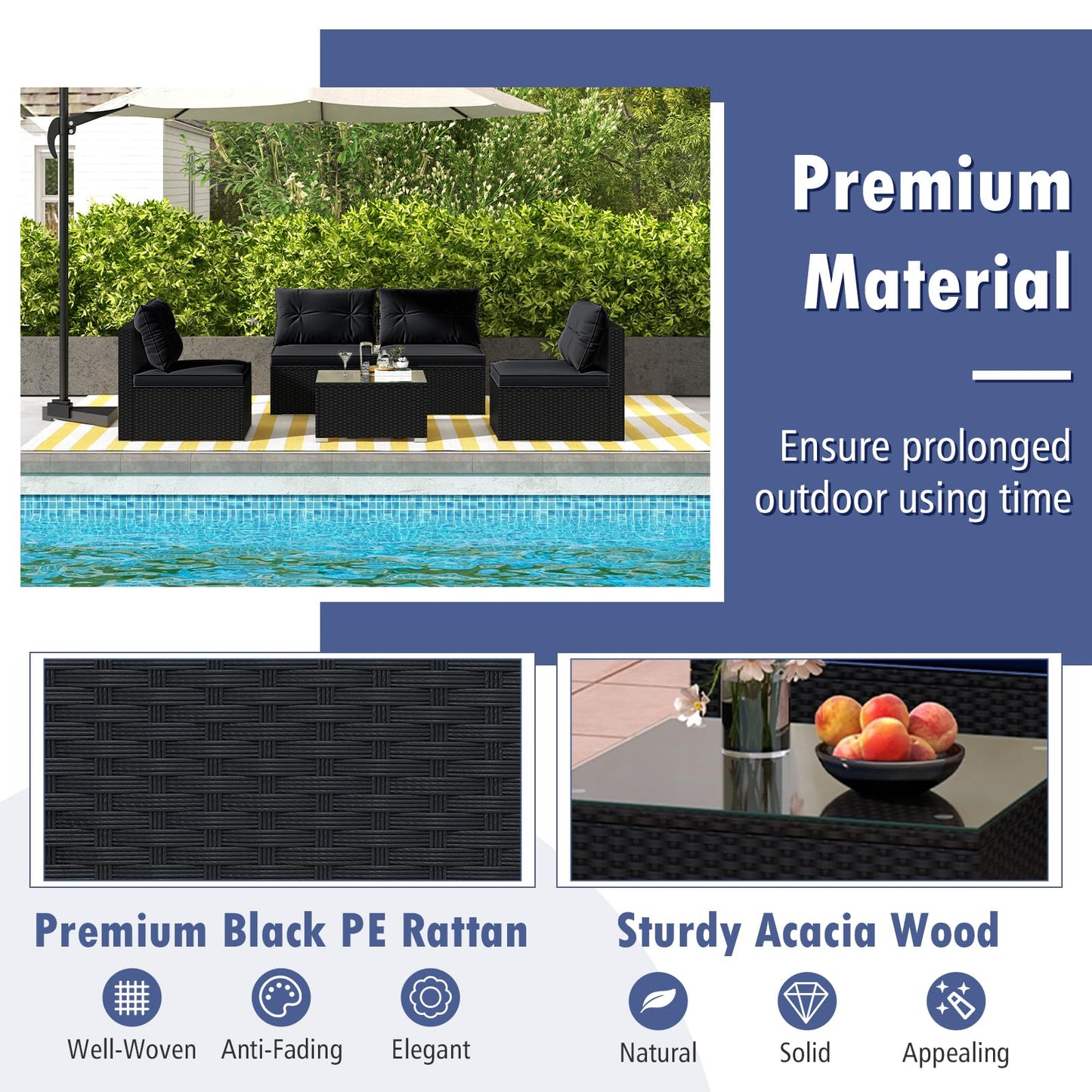 Tangkula 5 Piece Rattan Sofa Set, Outdoor Wicker Furniture Set w/Seat & Back Cushions, Square Coffee Table, Patio Sectional Sofa Set for Backyard, Poolside, Garden (Black)