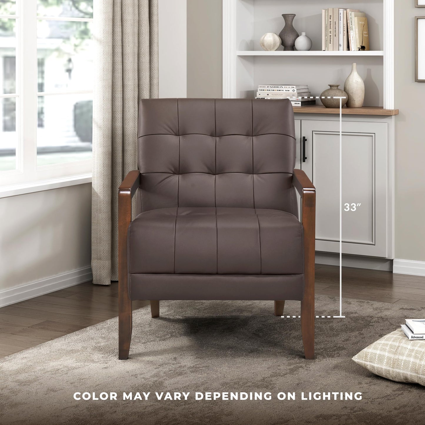 Lexicon Modern Accent Chair, Luxury Genuine Leather Match Living Room Chair with Tufted Cushions, Solid Wood Frame and Arm Rest, Comfy Upholstered Single Seat for Bedroom/Reading/Office, Dark Brown