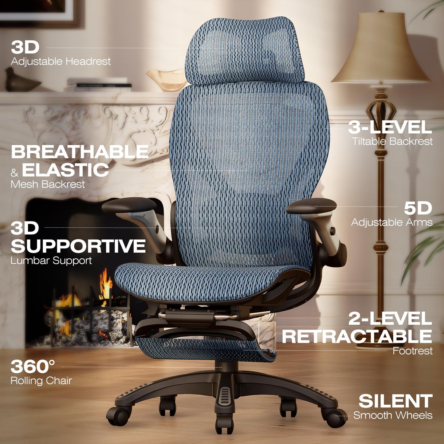ELABEST X100 Ergonomic Office Chair with Footrest, Big and Tall Home Desk Chair with 5D Flip-Up Arms, Adjustable 3D Lumbar Support,High Back Rolling Computer Chair, Swivel Mesh Chairs (Oaxaca Blue)