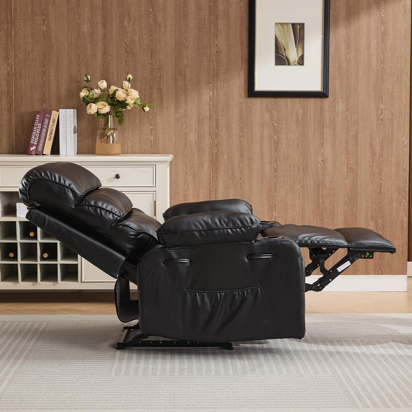 Garvee PU Leather Manual Recliner Chair with Massage and Heat, 27" Extra Wide Seat, 400 lbs Capacity, Thickened Sponge Armrests and Back, Cup Holders & Side Pocket, Living Room or Bedroom, Black