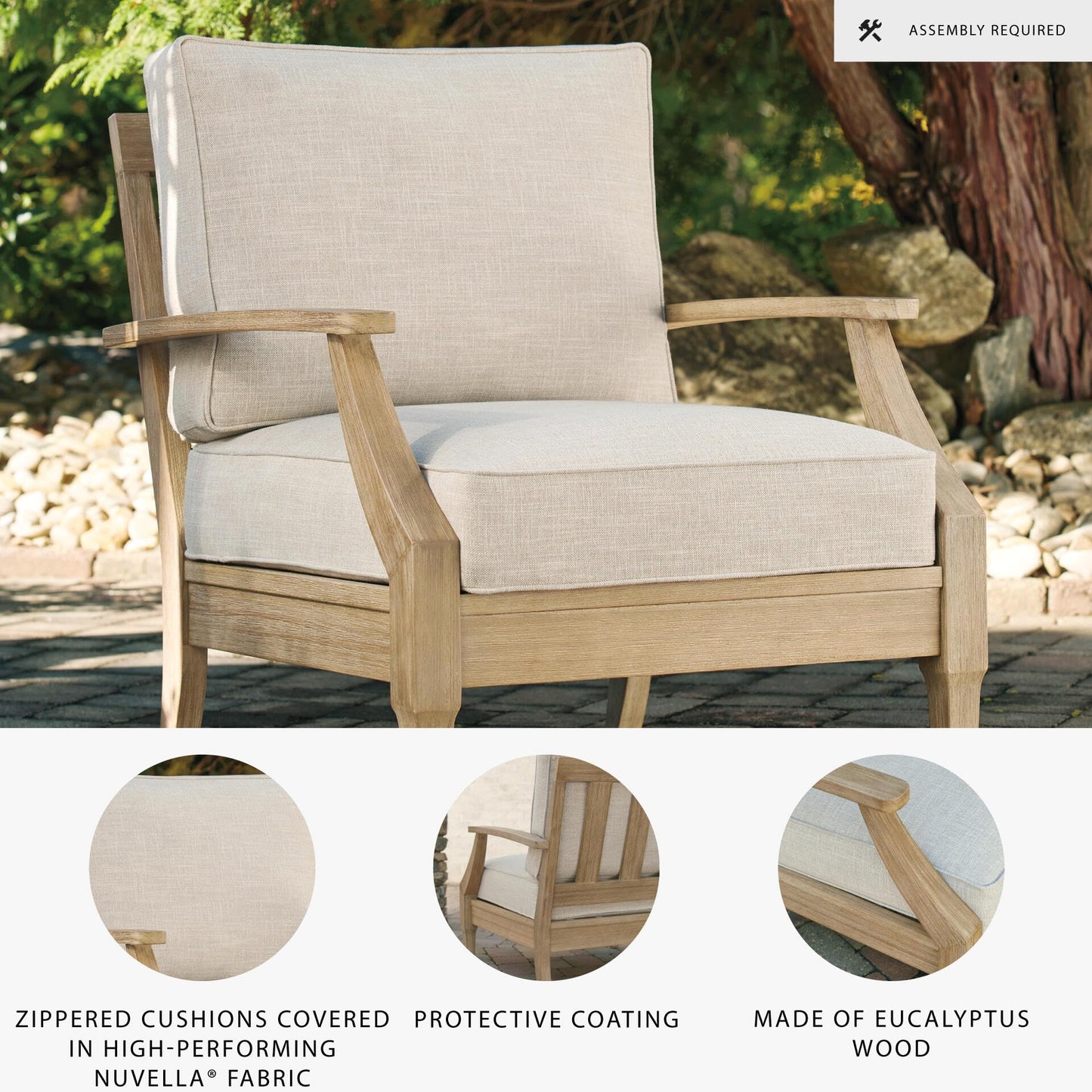 Signature Design by Ashley Clare View Outdoor Lounge Chair, All-weather Foam Cushion, Protective Finish, Eucalyptus Wood , 30" W x 35" D x 32" H, Beige