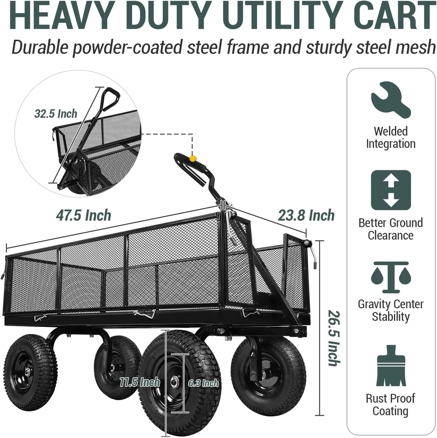 Taifa Heavy Duty Steel 1100 Lb Wagon Garden Carts with Removable Side Panels Turn Into Flatbed, All Terrain Utility Cart with 11.5" Tire, 180° Rotating Handle for Outdoor, Garden, Farm, Yard, Black