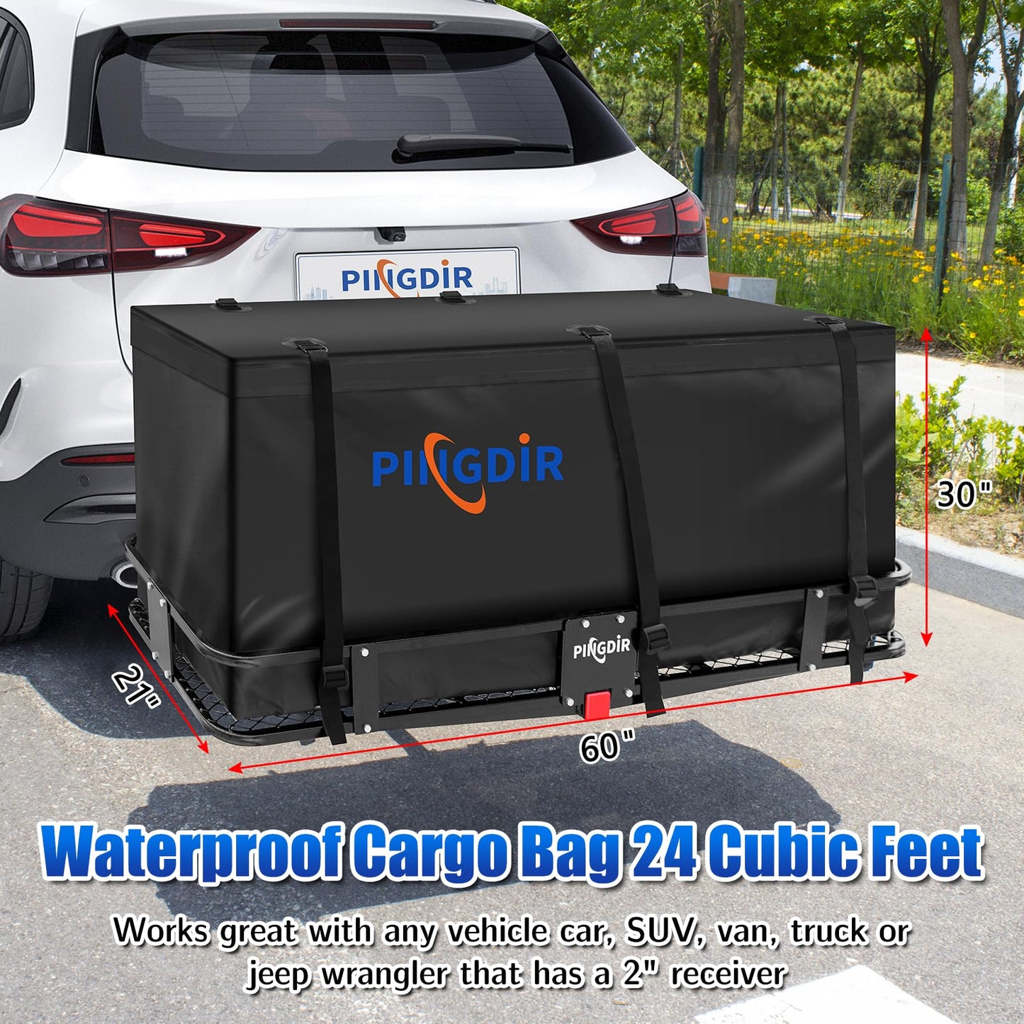 PINGDIR Folding Hitch Mount Cargo Carrier Hitch Rack Basket 60"*21.5"*6" Hauling Weight Capacity of 500 Lbs, Waterproof Cargo Bag 58" 19" 24", with Hitch Stabilizer,Cargo Net and Ratchet Straps