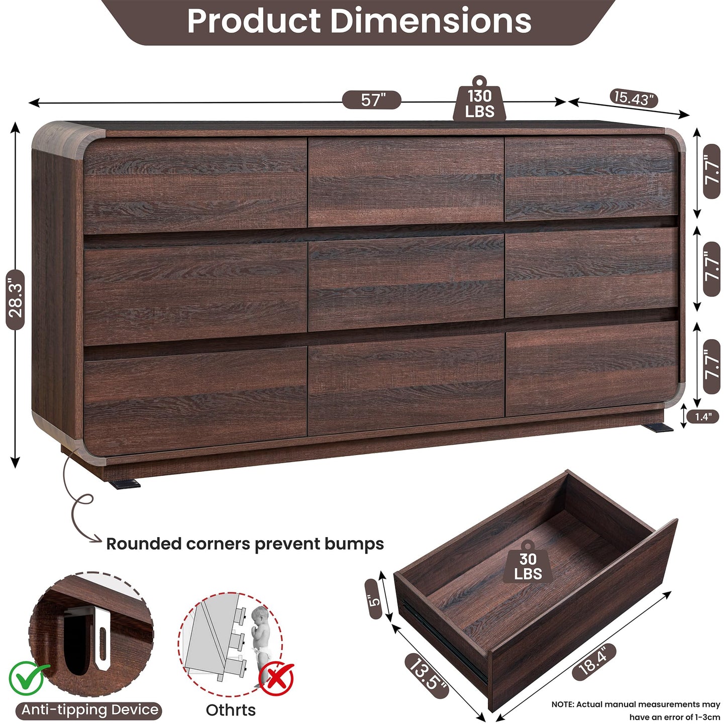 Standifurno 9 Drawer Double Dresser for Bedroom, Modern Curved Wood Chest Drawers of Handleless, Large Storage Dresser Bedroom, Living Room, Entryway, Walnut