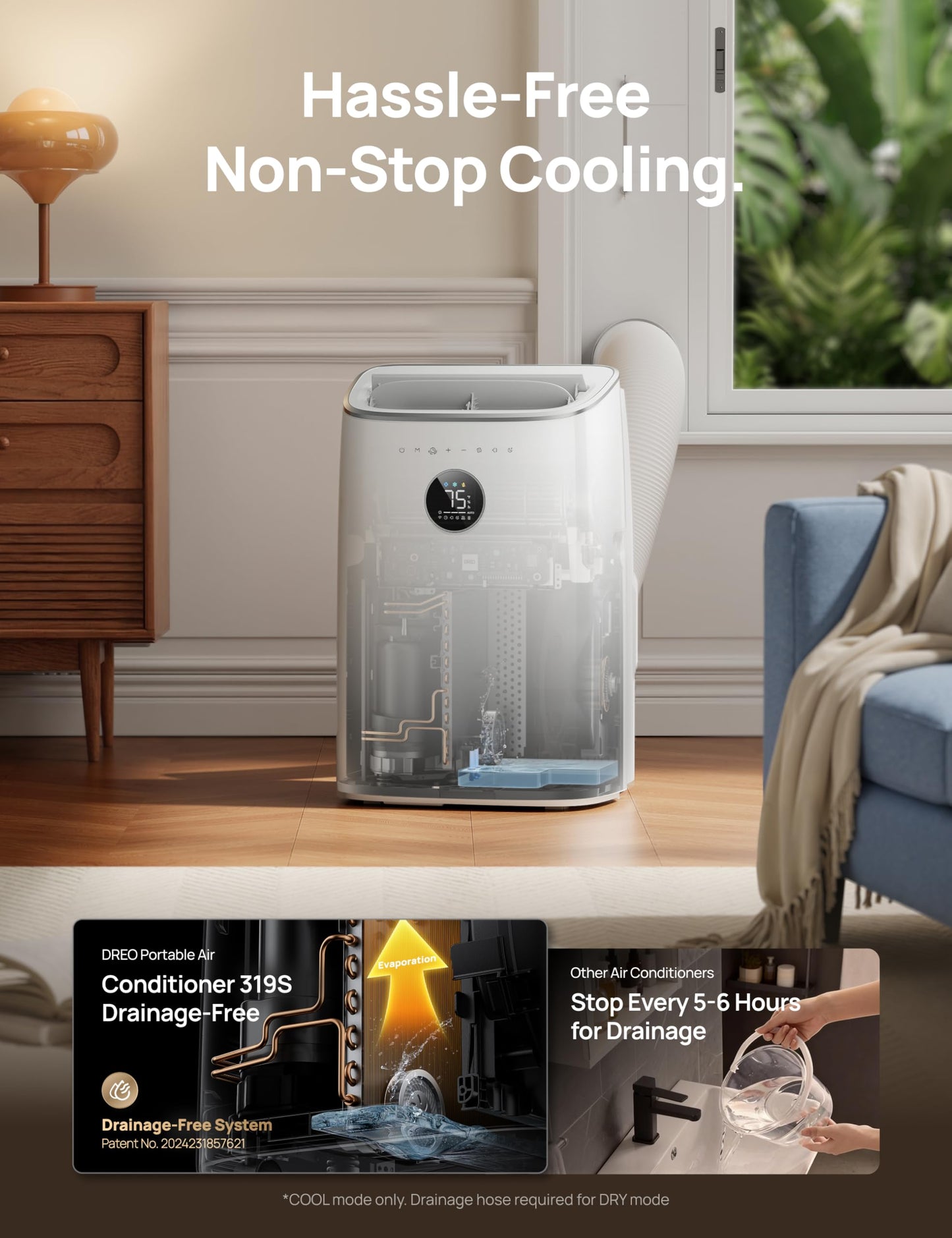 DREO Portable Air Conditioner 319S, 10000 BTU ASHRAE (6000 BTU DOE) Smart AC Unit for Bedroom with Drainage-free Cooling, Fan&Dehumidifier 3 in 1, APP/Voice/Remote, Quiet Standing AC for Room Indoors