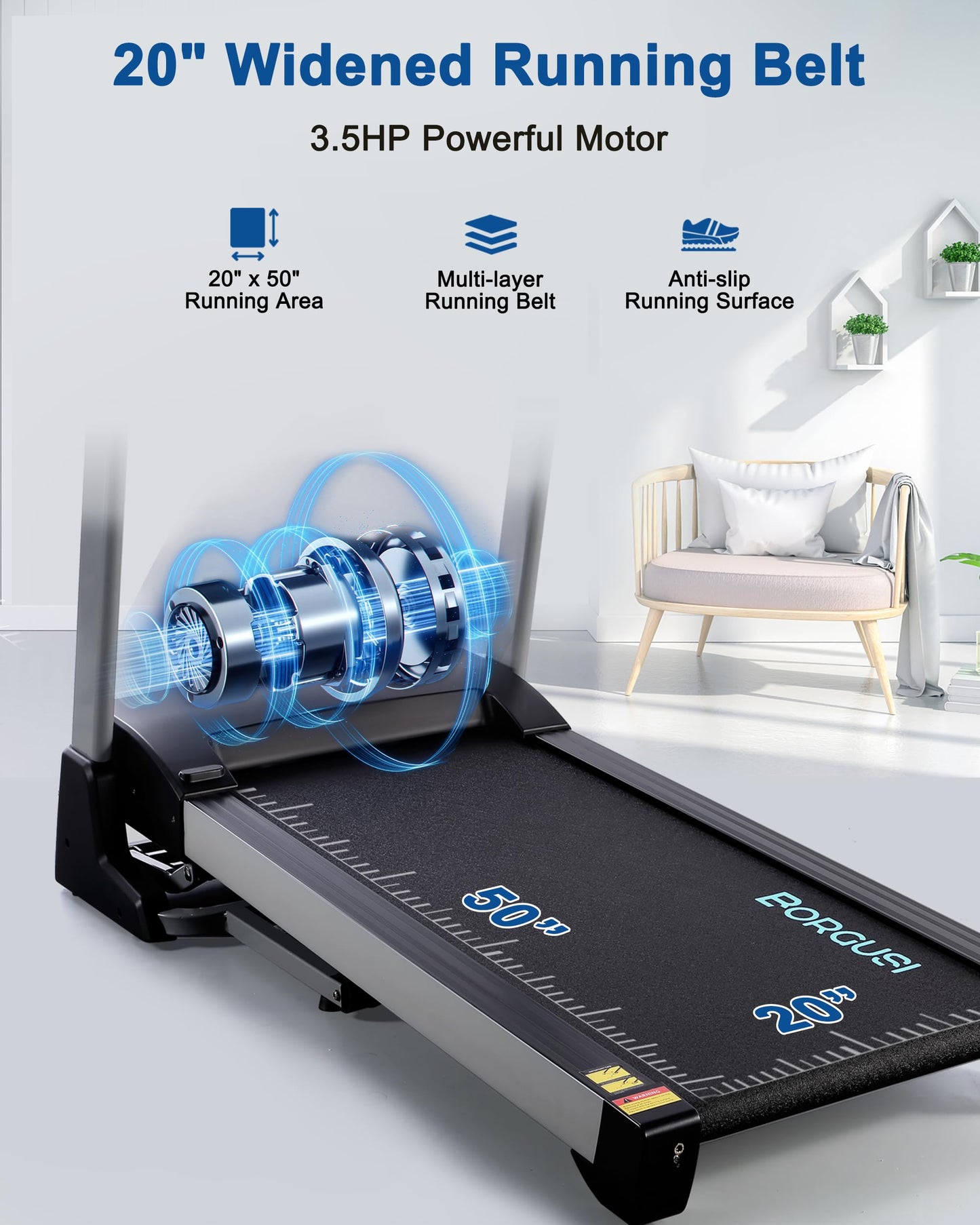 BORGUSI Treadmill with 15% Auto Incline - 350 LBS Capacity, 3.5HP Electric Folding Treadmill Up to 10MPH Speed, Running Machine with 20" Wide Tread Belt & LCD Display for Home Use