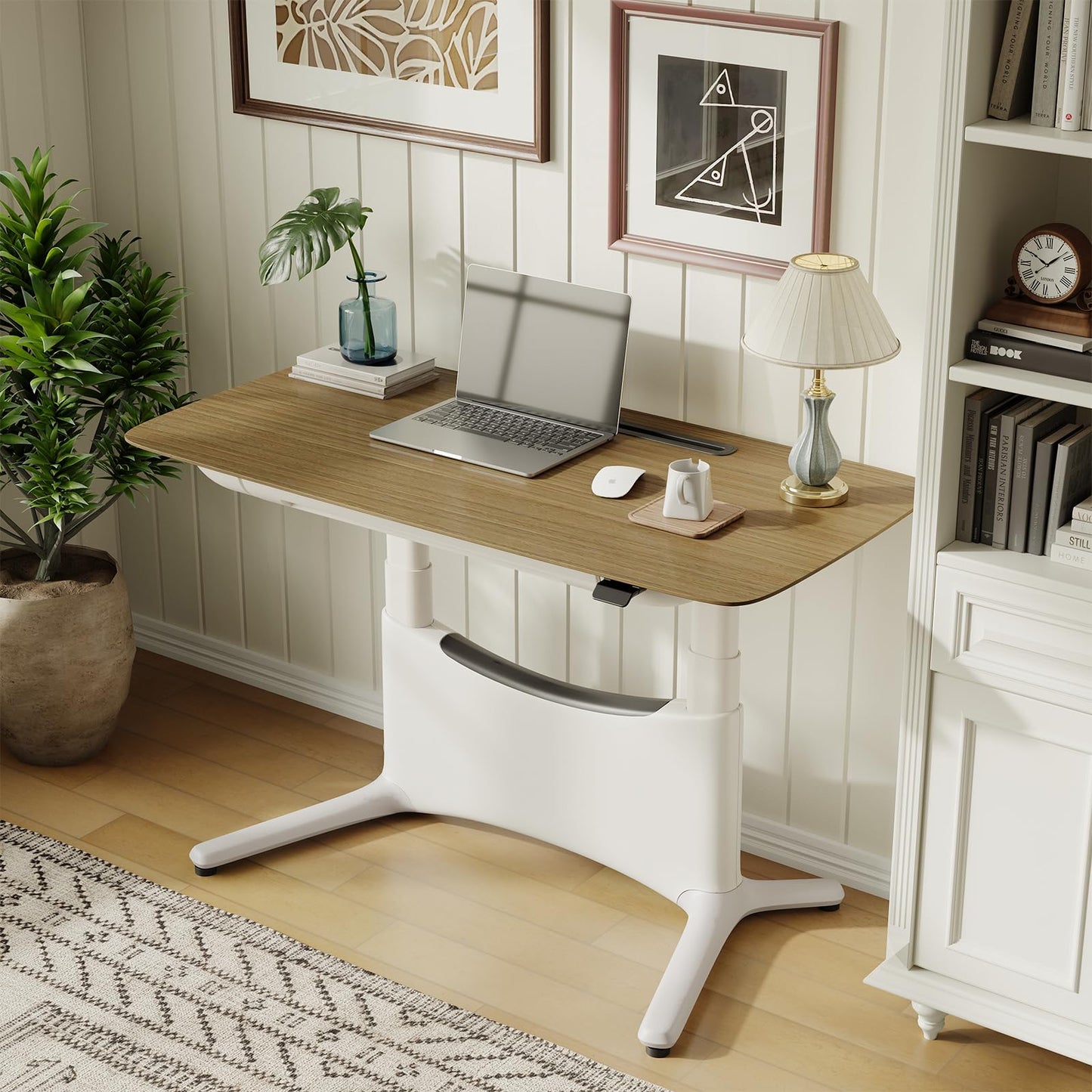 COLAMY Electric Adjustable Standing Desk – 48 x 28 Inch Sit Stand Desk with Drawer & Cable Management, Dual Motor Lift System, Ergonomic Footrest, Home Office Table (Veneer Desktop, Walnut + White)