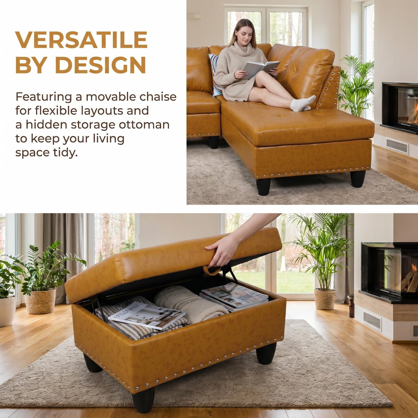 Trygoal Leather 3-Piece L-Shaped Couches for Living Room, Sectional Sofa with Storage Ottoman & Movable Chaise, Modular Convertible Couch for Bedroom & Apartment, Mustard Yellow