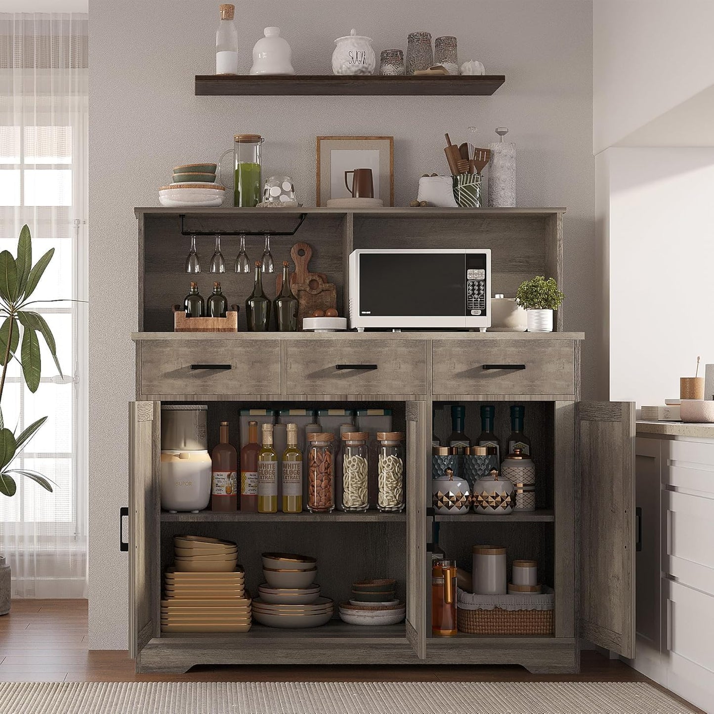GarveeHome Farmhouse Sideboard Buffet with Microwave Stand, Barn Doors Buffet Storage Cabinet with Drawers and Shelves, Wood Coffee Bar Cabinet for Kitchen, Dining Room, Living Room, Grey
