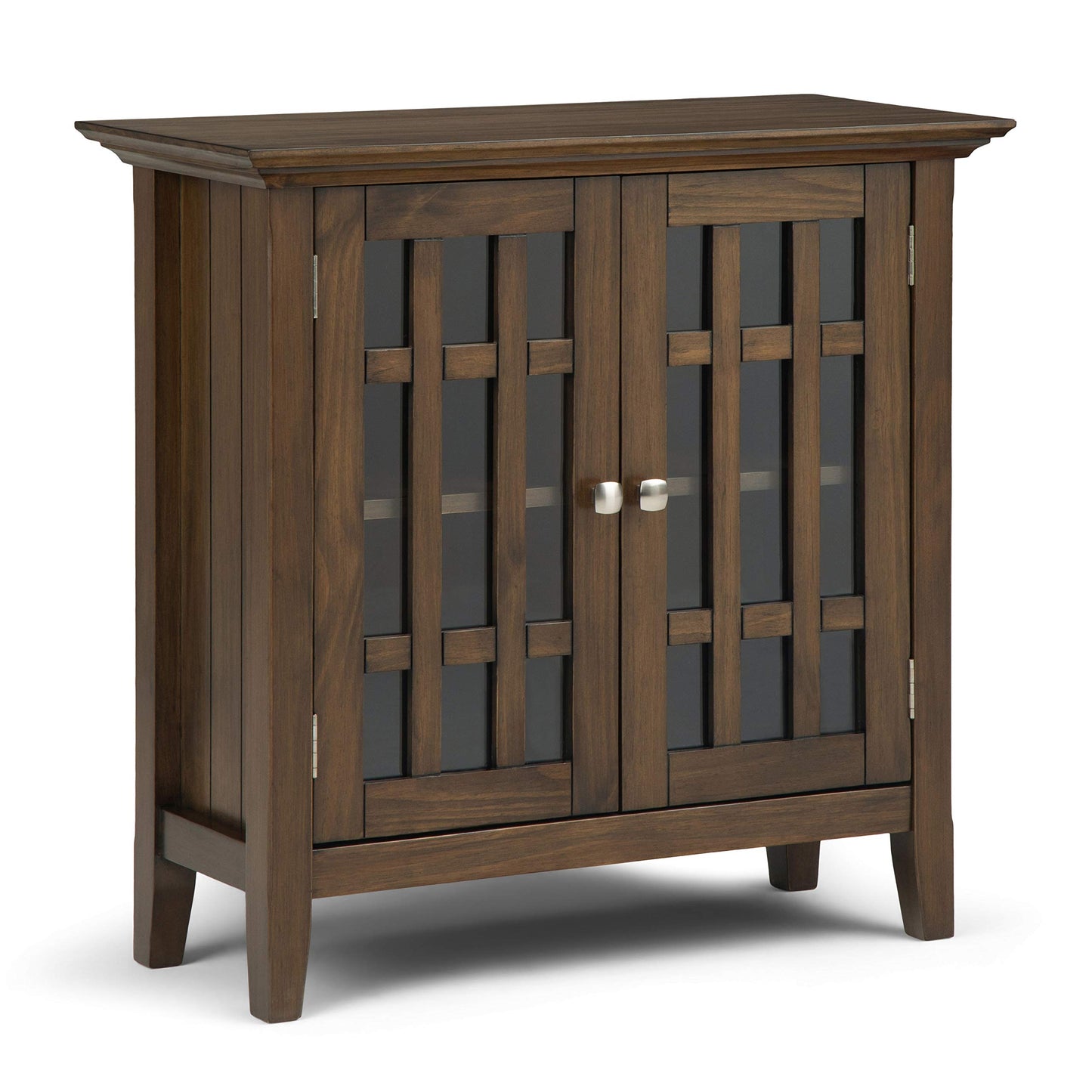 SIMPLIHOME Bedford Storage Cabinet - 32 inch Wide Solid Wood Low Media Cabinet in Rustic Natural Aged Brown, Transitional Console for Living Room, Entryway, or Dining Room with Glass Doors and Shelves