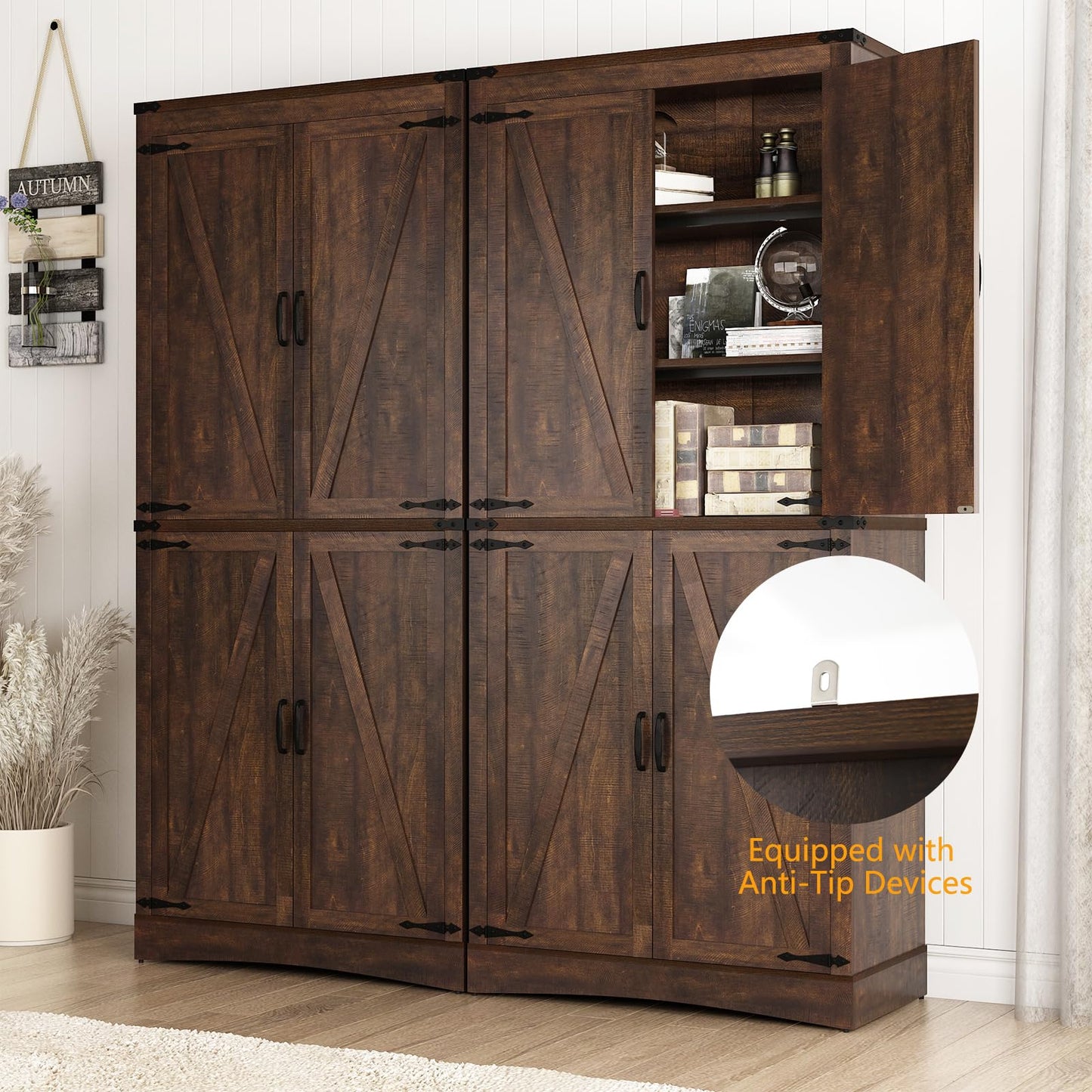 Hlivelood 71" Tall Kitchen Pantry,Farmhouse Storage Cabinet with Adjustable Shelves,Load-Bearing Steel Pipe,Farmhouse Pantry Cabinet with 4 Barn Doors, for Kitchen,Dining Room,Living Room(Brown)