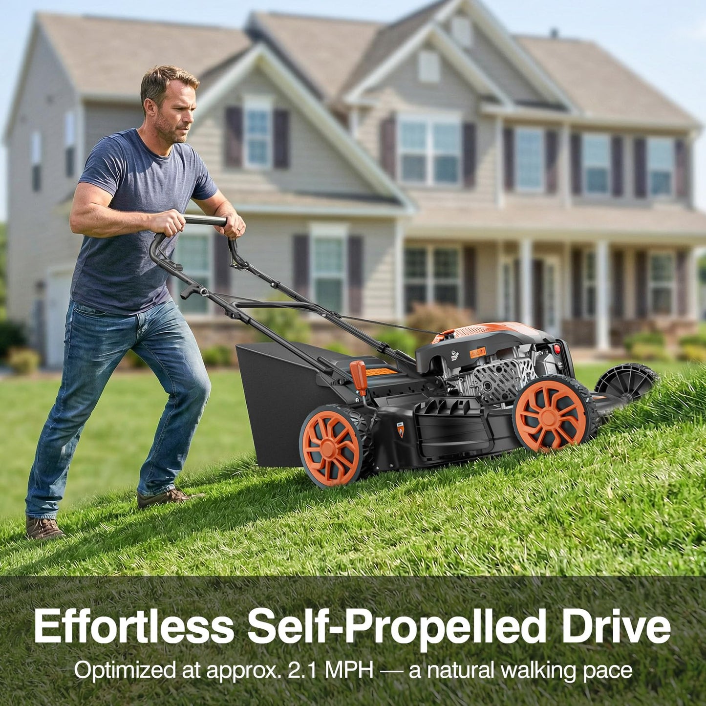 21” Self-Propelled Gas Lawn Mower, 170CC 4-in-1 Mulch/Rear Bag/Side Discharge/Rear Discharge, Foldable Gas Powered Lawn Mowers with 7-Position Cutting Height, Walk-Behind Gas Lawnmower (Yellow)