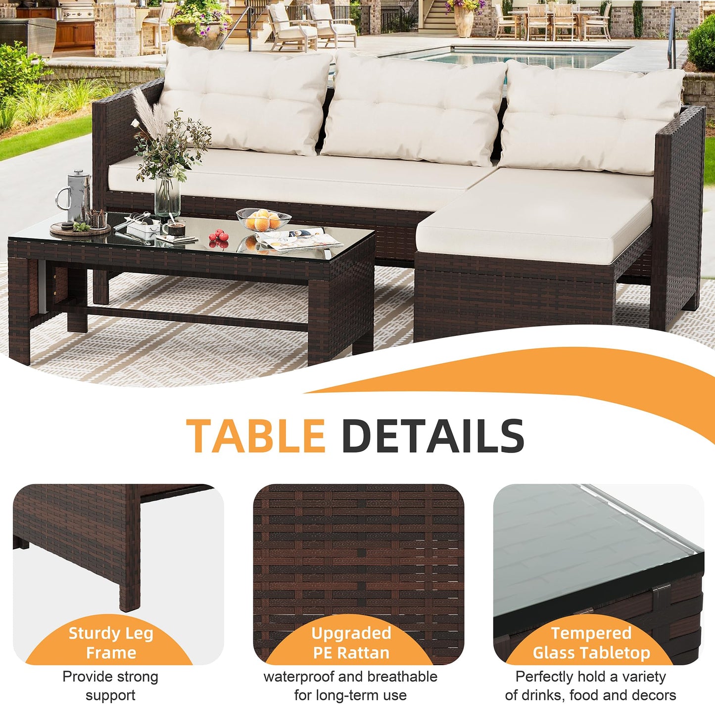 Shintenchi 3-Piece Outdoor Patio Furniture Sets, Wicker Patio Conversation Sets, All Weather Wicker Rattan Patio Seating Sofas with Glass Coffee Table and Cushion, Beige
