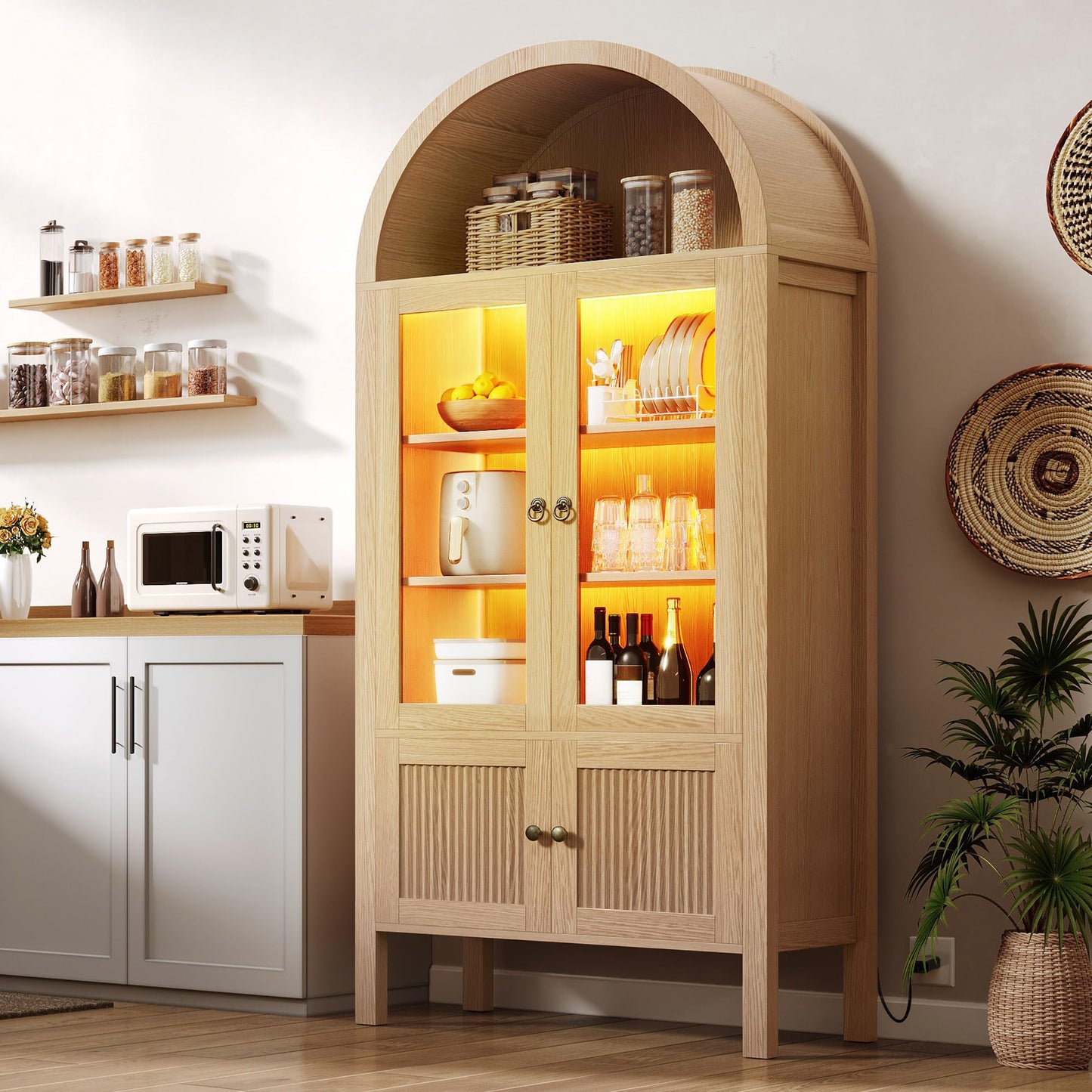 YITAHOME 71" Arched Cabinet Bookshelf Bookcase with LED Light/Wood Display Cabinet with Tempered Glass Doors and Adjustable Shelves/Kitchen Pantry with Storage for Living Room,Dining Room-Nature