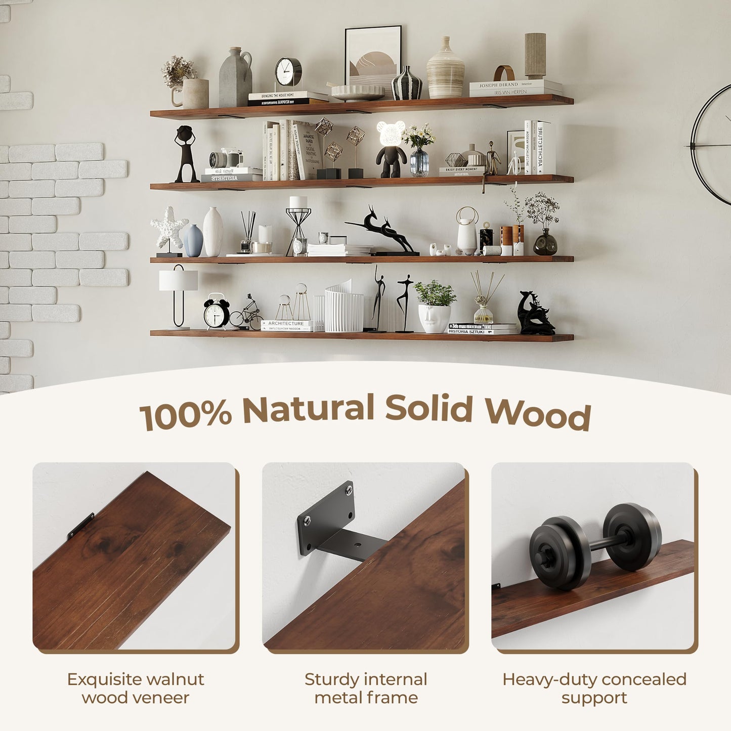 TEDIDUWA 60 Inch Solid Walnut Floating Shelves Set of 4, Rustic Farmhouse Wall Shelves with 200 lbs Capacity, 5ft Extra Long Wood Shelving for Living Room, Kitchen, Bedroom & Bathroom Decor