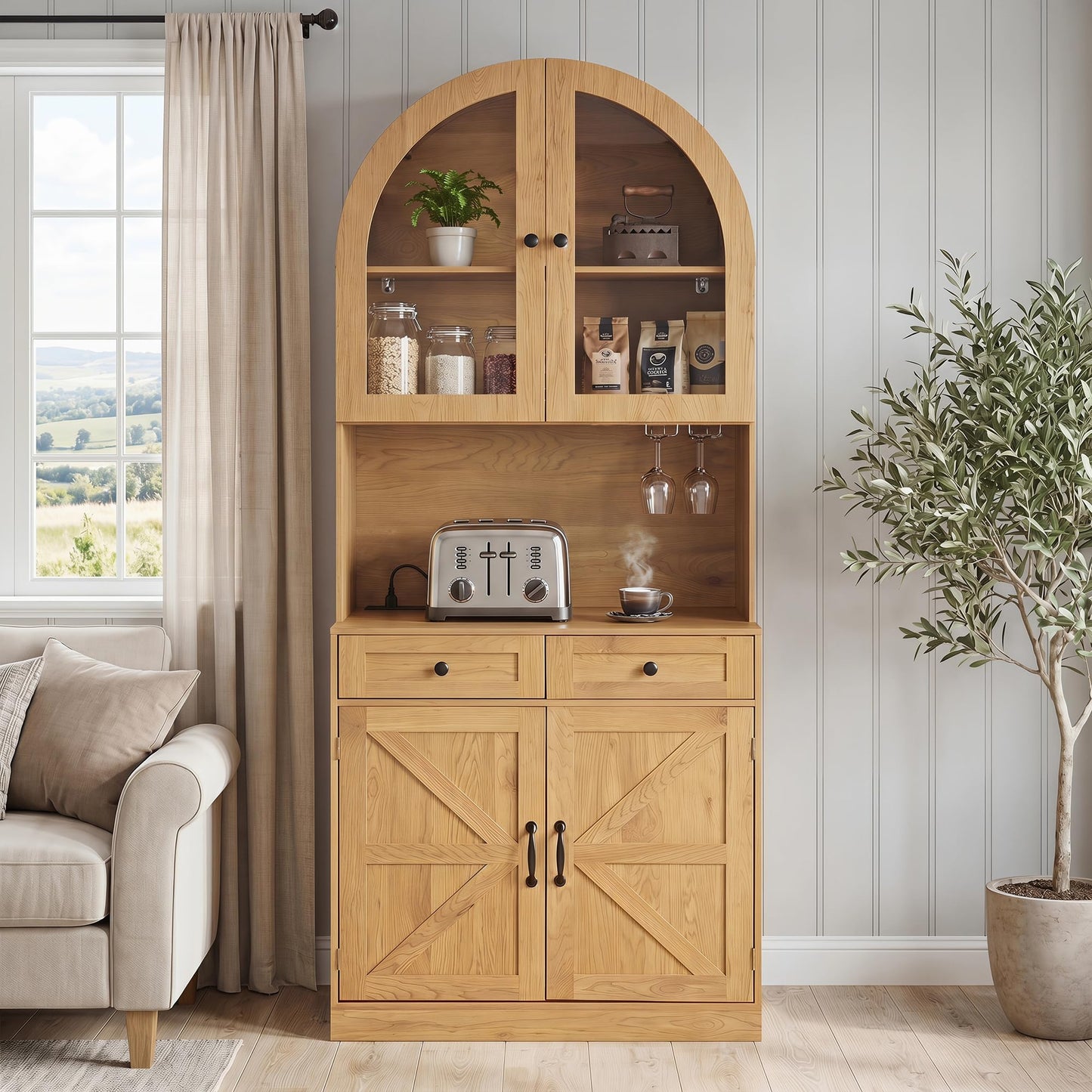 KEIKI 75 Inch Farmhouse Pantry Cabinet with Charging Station, Tall Arched Coffee Bar Cabinet with Adjustable Shelves & Drawer, Freestanding Storage Sideboard for Kitchen Dining Room Living Room, Oak